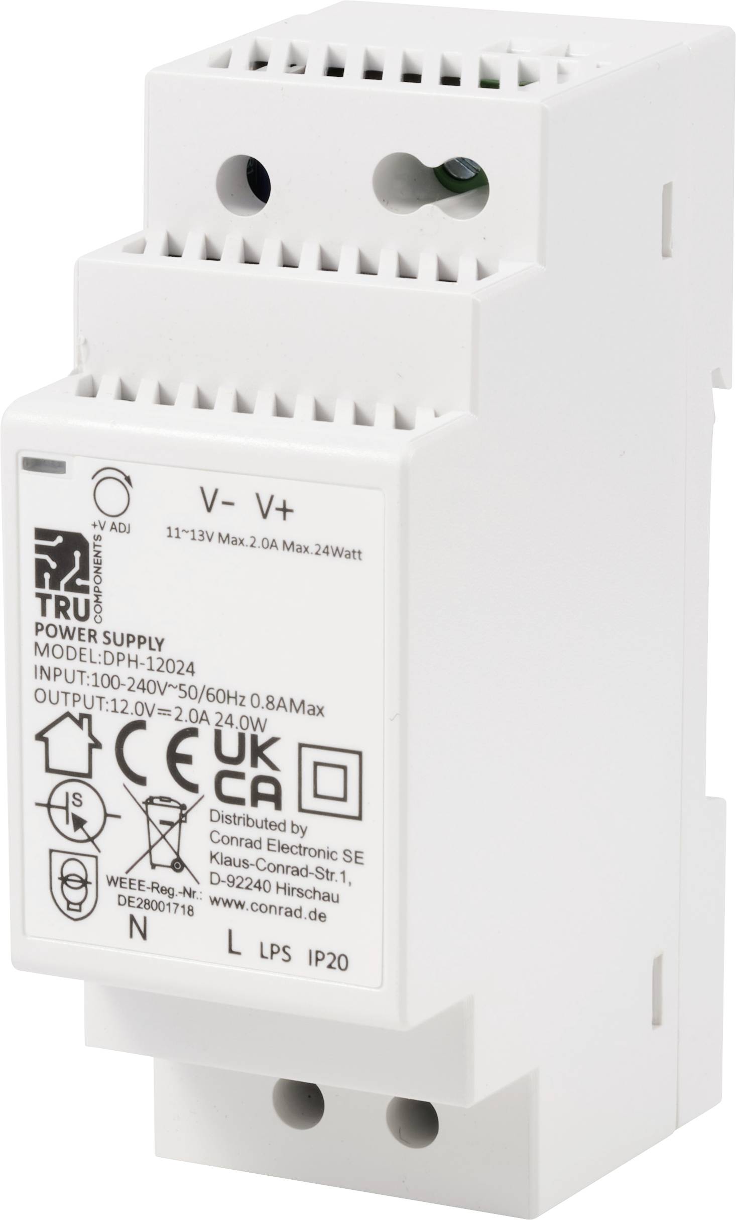 DIN-Schienen-Netzteil, Modell LDH-12-024, 12V DC, 0,8A, 24W, eingehend 100-240V, mit CE- und UKCA-Zulassungen, für Elektroinstallationen.