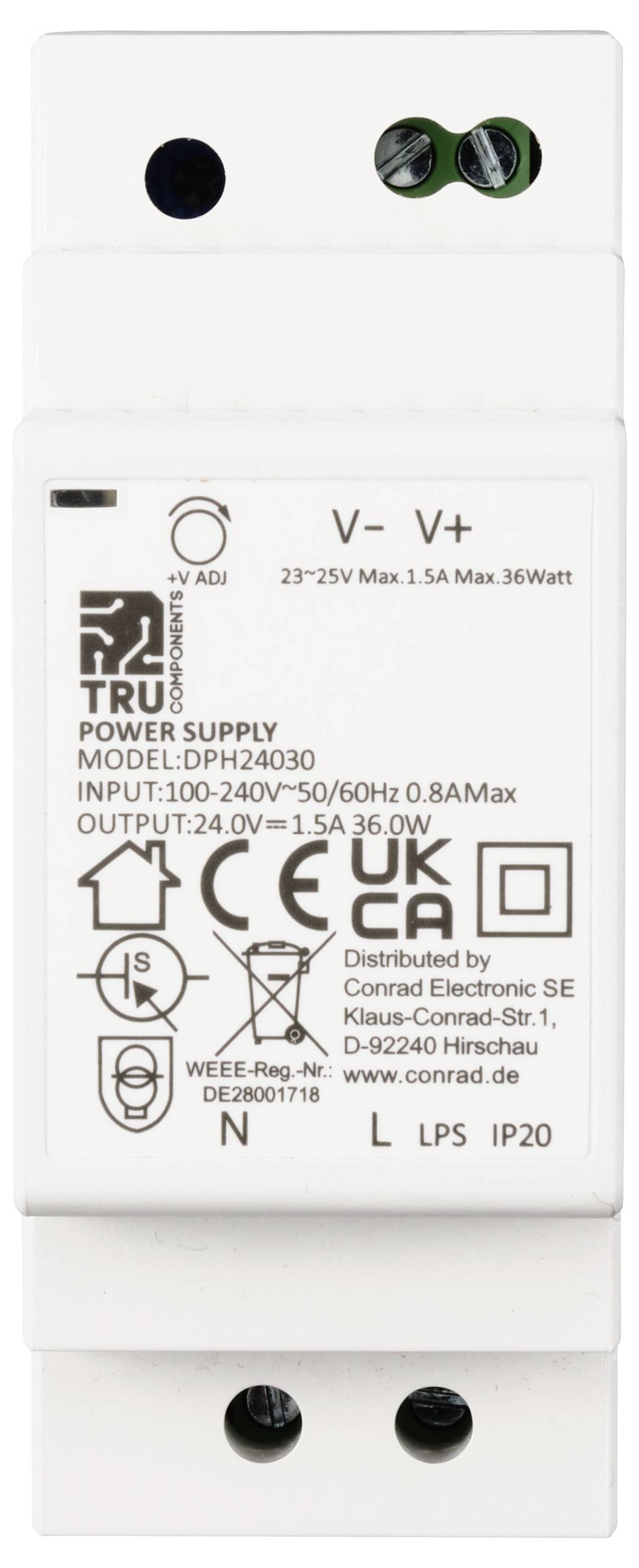 Stromversorgungseinheit mit Angaben: 'INPUT: 100-240V~50/60Hz 0.8A MAX', 'OUTPUT: 24.0V 1.5A 36.0W', Modelle: 'DPH24030'.