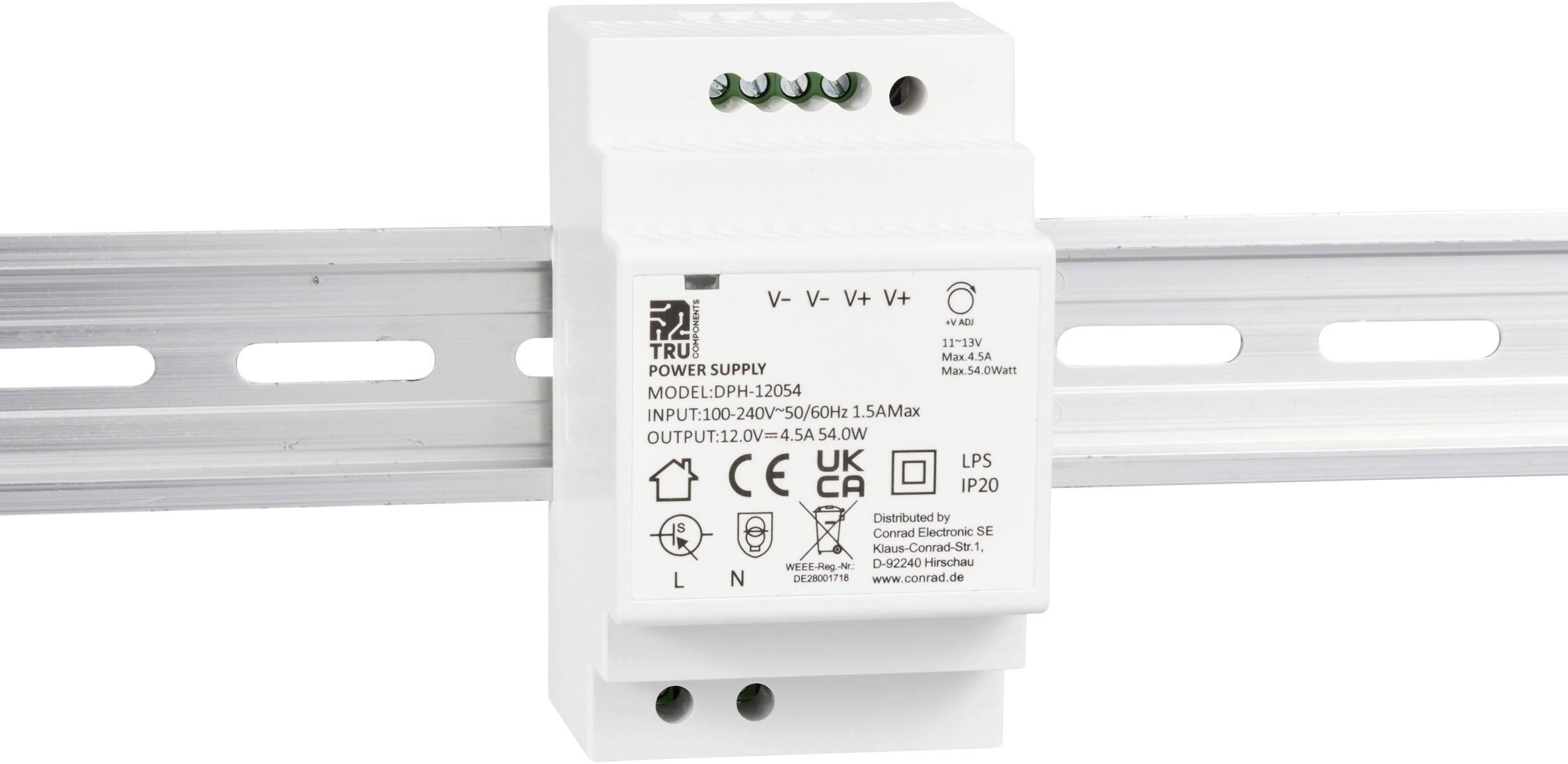 Netzteil auf DIN-Schiene montiert, zeigt Modell DPH-120A, mit technischen Spezifikationen wie Eingangs- und Ausgangsspannungen.