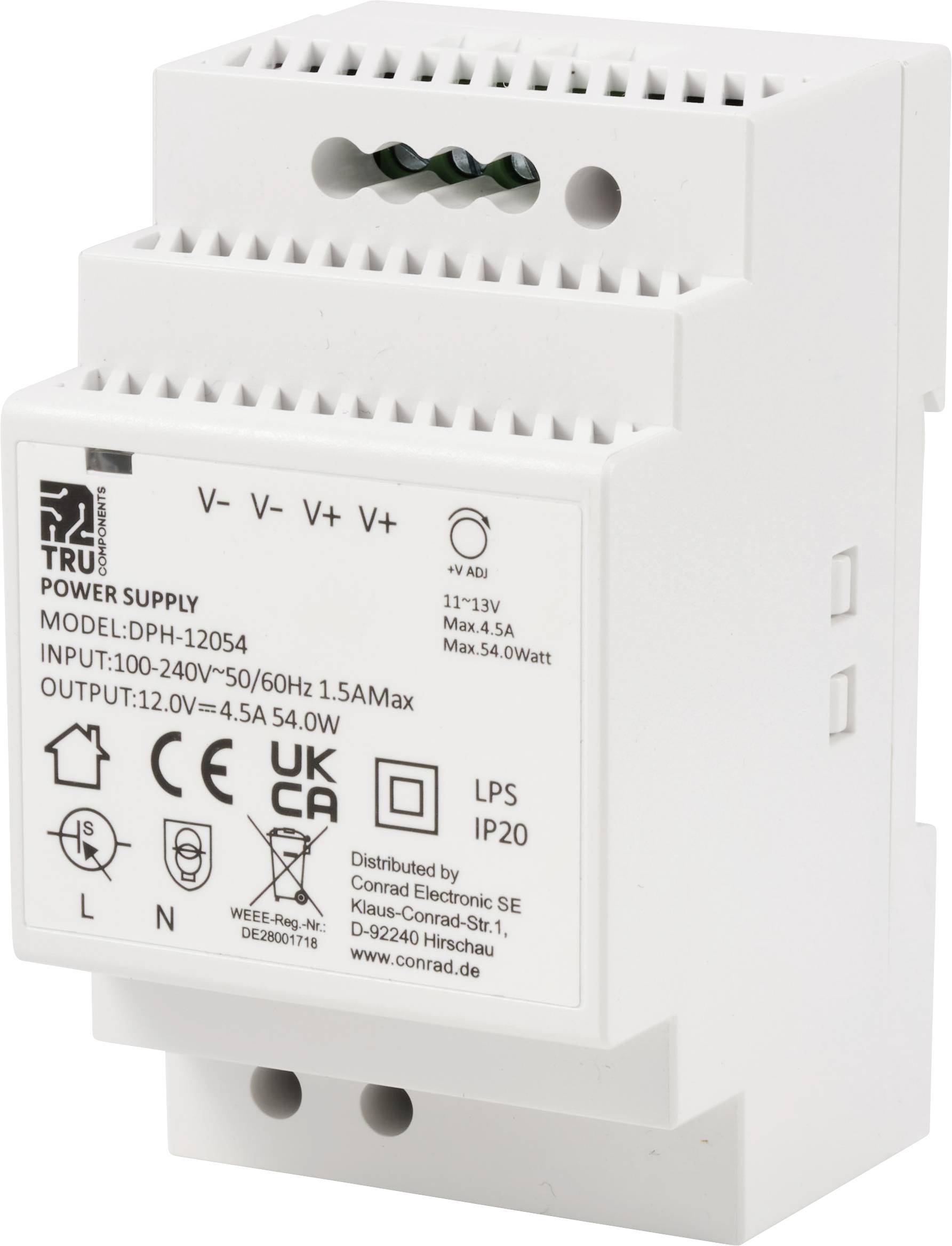 Ein Netzteil für DIN-Schienenmontage, Modell DPH-12054, mit Eingangsbereich 100-240V, Ausgang 12.0V 4.5A 54.0W, Schutzklasse IP20.