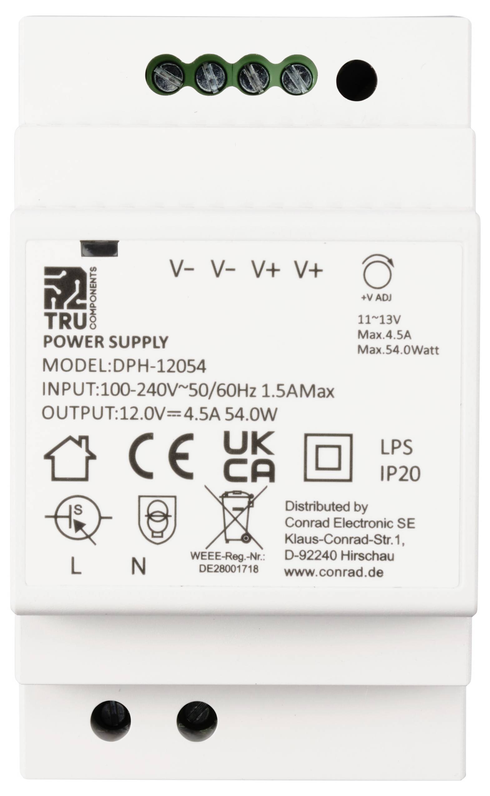 'TRU Components' Stromversorgung, Modell DPH-12054. Eingang: 100-240V, max. 1,5A. Ausgang: 12V, max. 4,5A, 54,0W. IP20-zertifiziert.