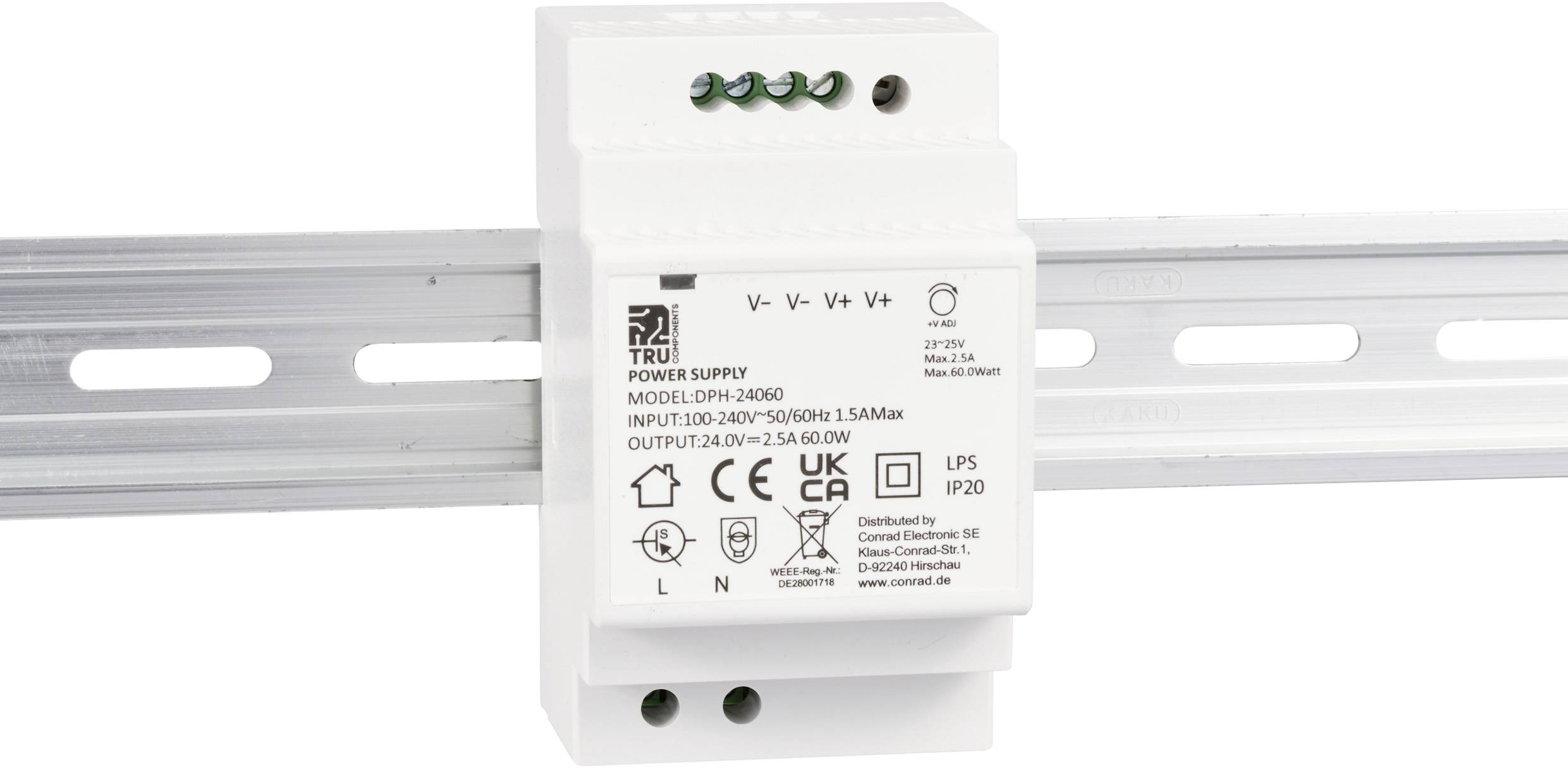Ein Weißes Netzteil für die Hutschienenmontage mit Spezifikationen 'INPUT: 100-240V, OUTPUT: 24.0V, 5.0A' aufgedruckt.