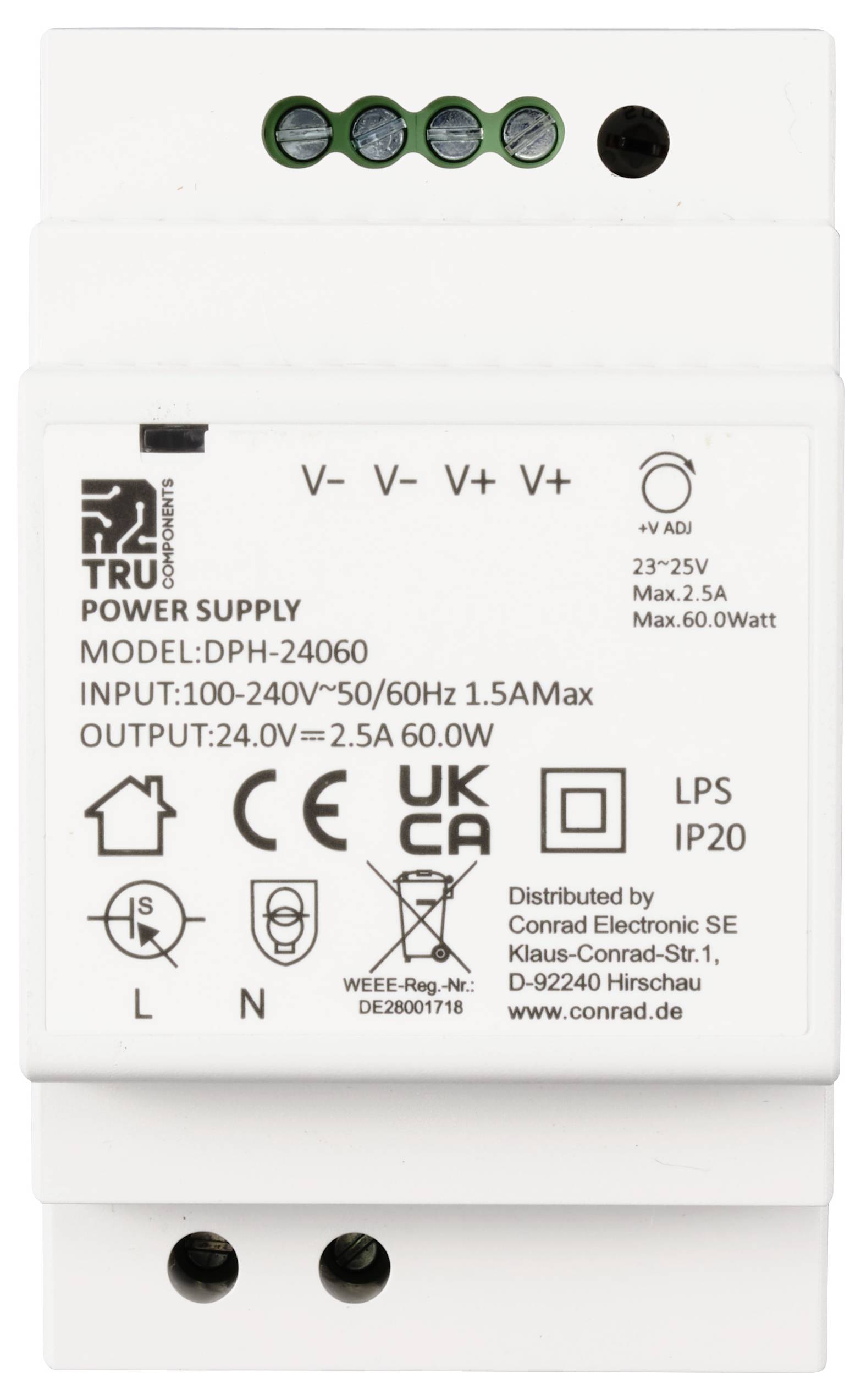 Netzteil von TRU Components, Modell DPH-24060, Eingang 100-240V ~ 50/60Hz 1,5A, Ausgang 24V 2,5A 60W, Funktionen und Warnhinweise.