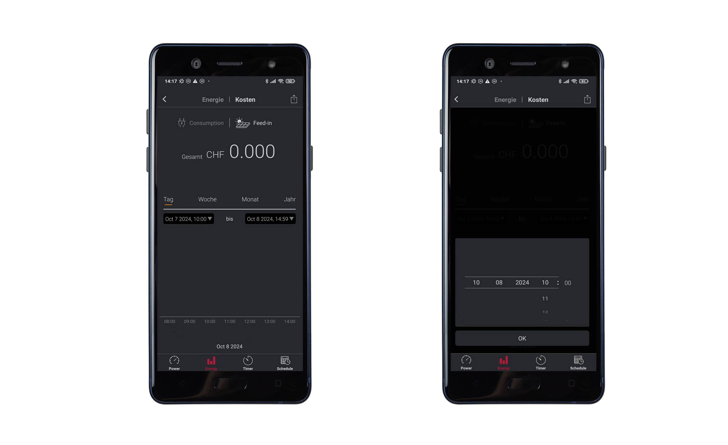 Zwei Smartphone-Bildschirme zeigen eine Energie-Kosten-App. Der erste Bildschirm zeigt 0.000 CHF für den aktuellen Zeitraum. Der zweite Bildschirm ist dunkler und schwer lesbar.