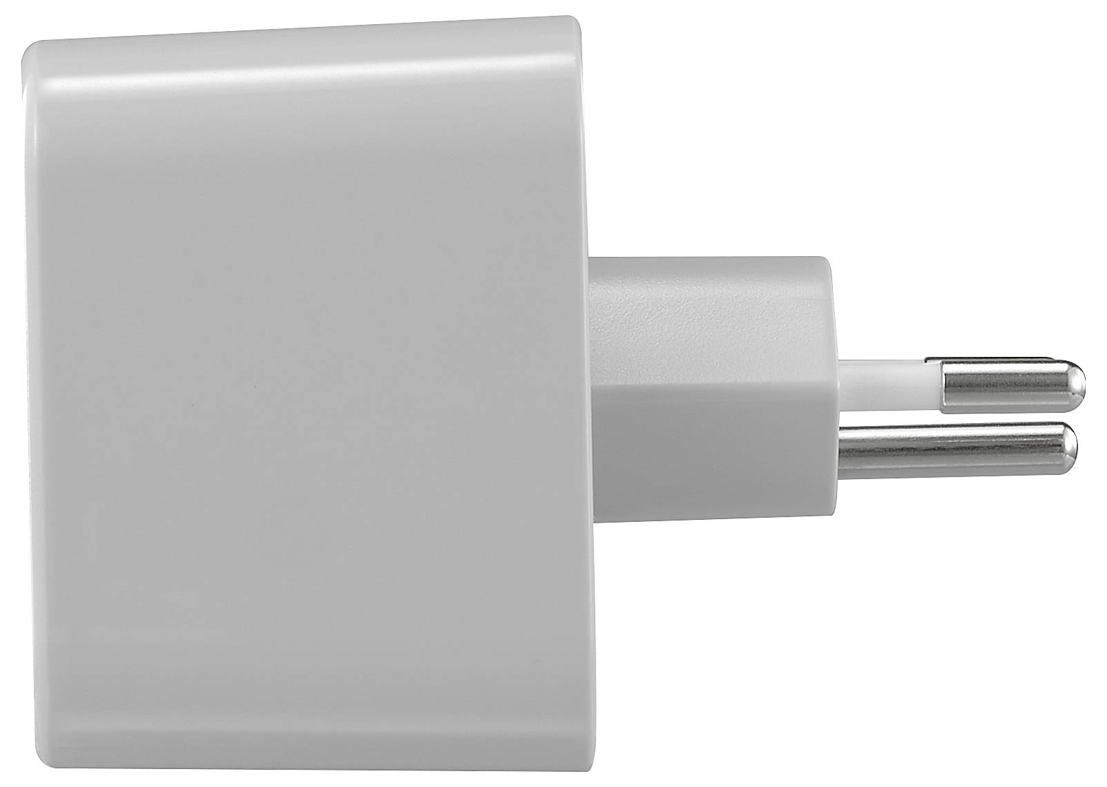 Ein weißes Ladegerät mit europäischem Stecker, quadratische Form, Ansicht von der Seite.