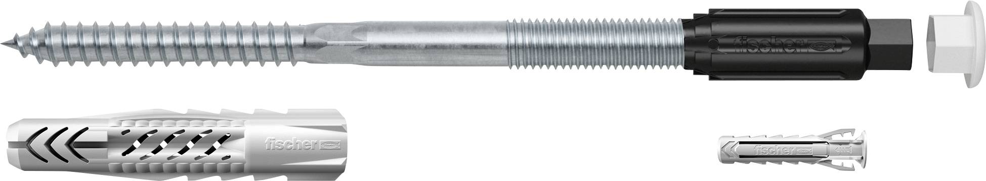 Große Schraube mit schwarzem Dübel, kleinerer grauer Dübel darunter; Befestigungselemente für schwere Lasten.