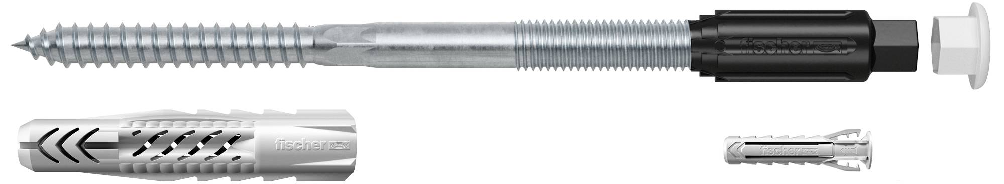 Zwei Schraubenanker, einer größer mit Mutter und schwarzem Schaft, der andere kleiner. Beide haben metallische Oberflächen.