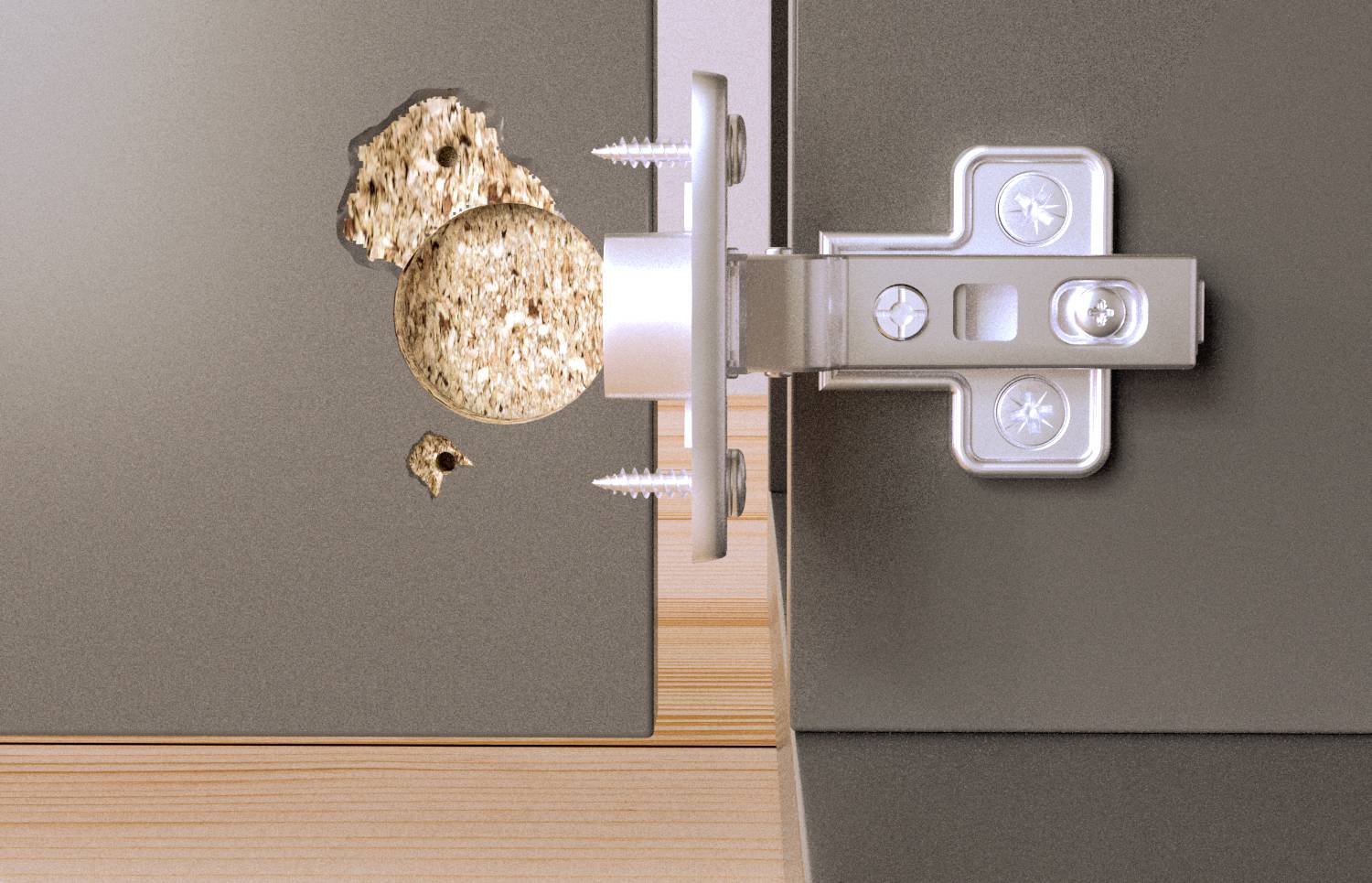 Eine Tür mit Scharnier, das an einem Holzrahmen befestigt ist. Das Material um die Schrauben des Scharniers ist beschädigt.