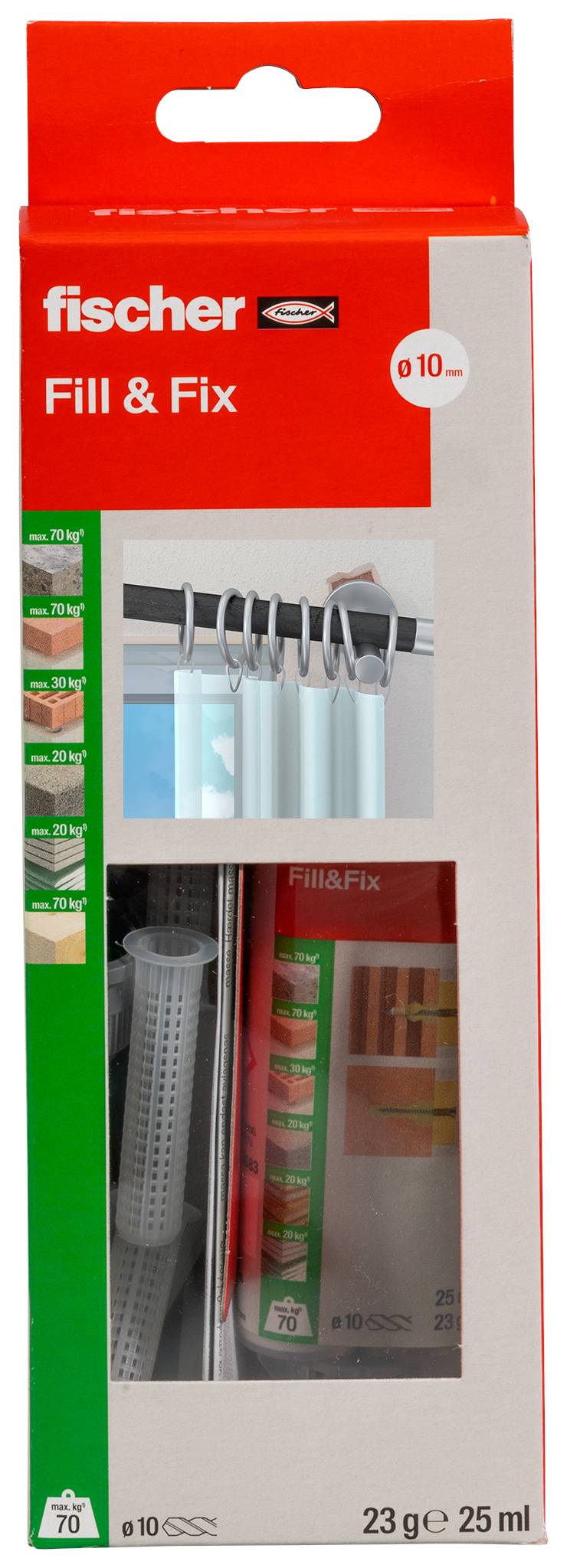 Fischer Fill & Fix Wandstecker und Befestigungsset in rot-weißer Verpackung, mit Dübeln und Bohrlochgrößen, mit 70-teiligem Inhalt und 23 g/25 ml Klebstoff.