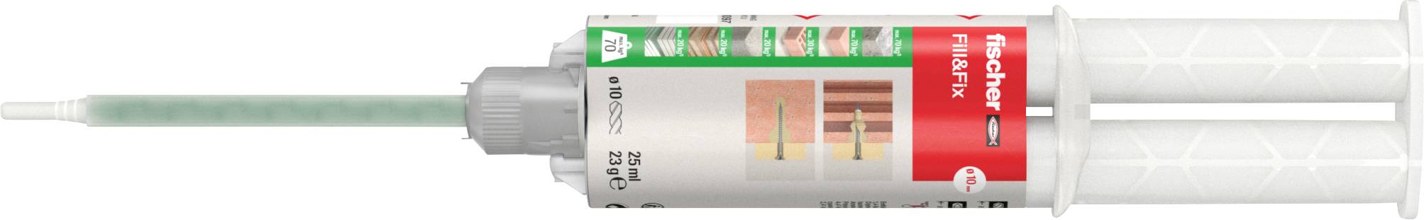 Eine zweikammerige Kartusche mit Mischrohr, vermarktet von Fischer, vermutlich ein Befestigungskleber für Bauanwendungen.