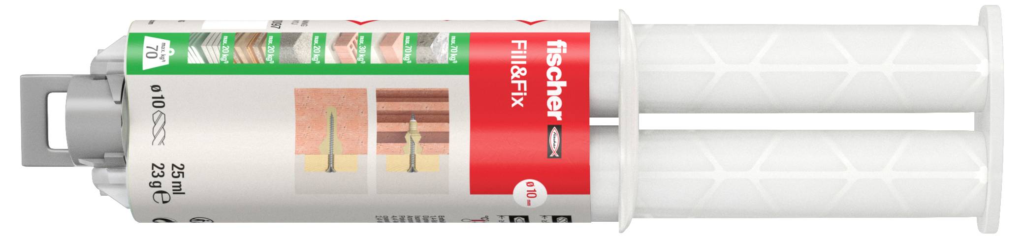 Doppelspritze mit zwei Kolben, Etikett zeigt 'fischer Fill & Fix'. Geeignet zum Füllen und Fixieren von Materialien.