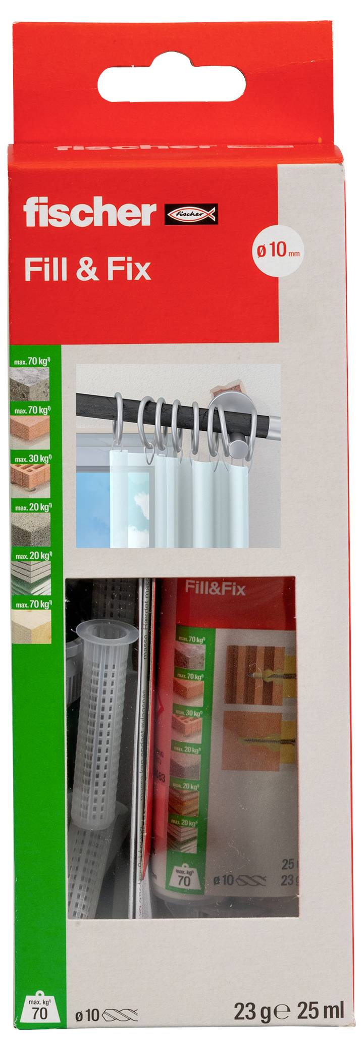 Verpackung von 'fischer Fill & Fix' zeigt Produktanwendung für Vorhangschienen. Enthält 23 g/25 ml Füllmaterial für Befestigungen.
