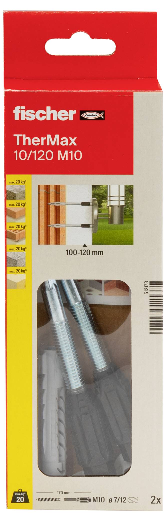 Verpackung für Fischer TherMax 10/120 M10. Zeigt Produktabbildungen, Anwendungsbeispiel und Produktinformationen. Enthält 2 Teile.