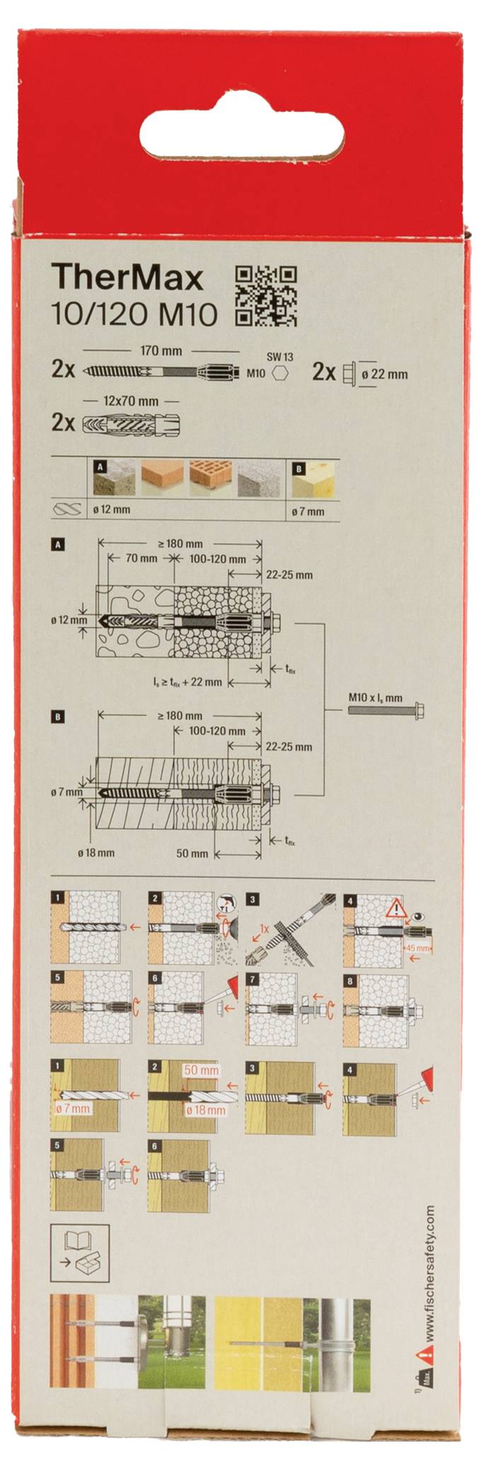 Verpackung einer TherMax 10/120 M10 Befestigungslösung. Zeigt Diagramme zur Installation und Sicherheitsanweisungen.