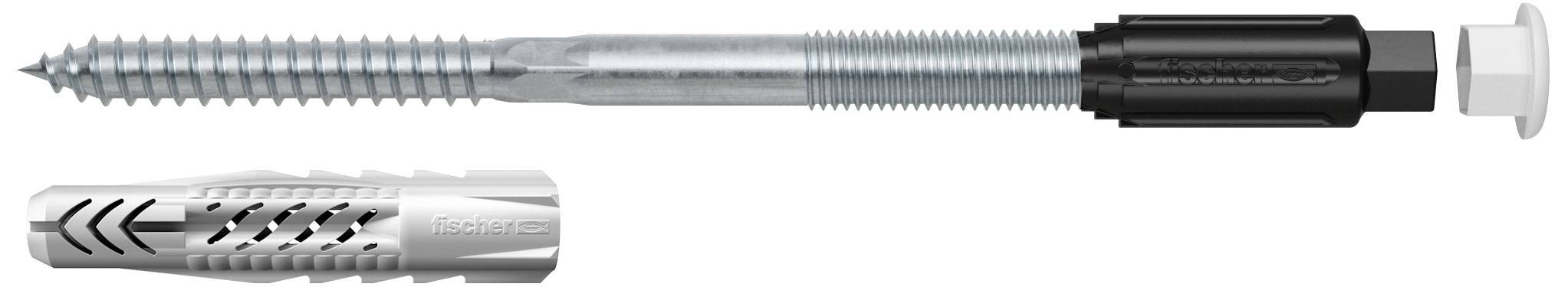 Dübel und Schraube nebeneinander. Der Dübel ist dunkelgrau mit Pfeilmuster, die Schraube hat einen metallischen Körper und schwarzen Kopf.
