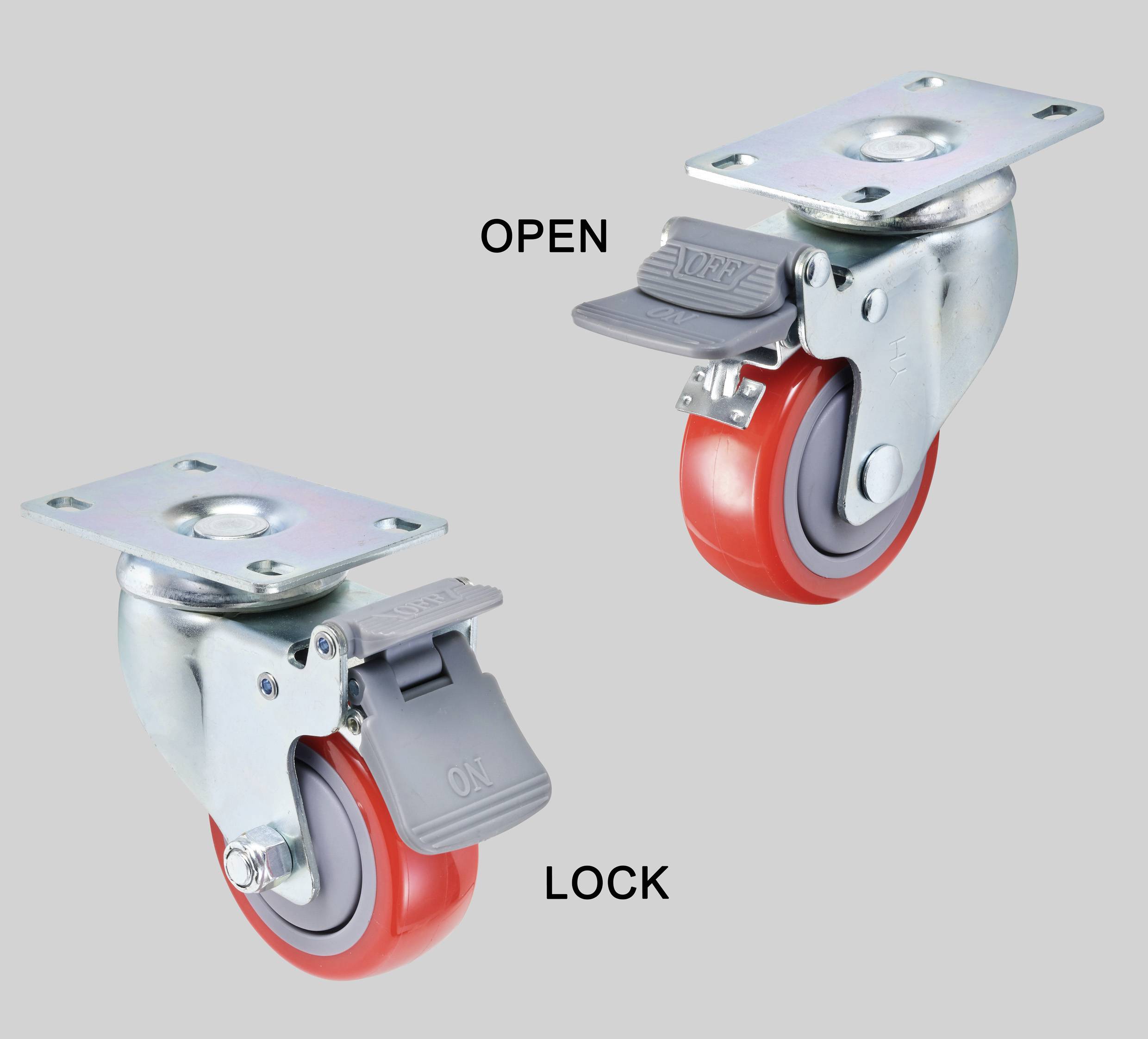 Zwei Rollersysteme: Links ein Rad mit offener Bremse ('OPEN'), rechts ein Rad mit verriegelter Bremse ('LOCK').
