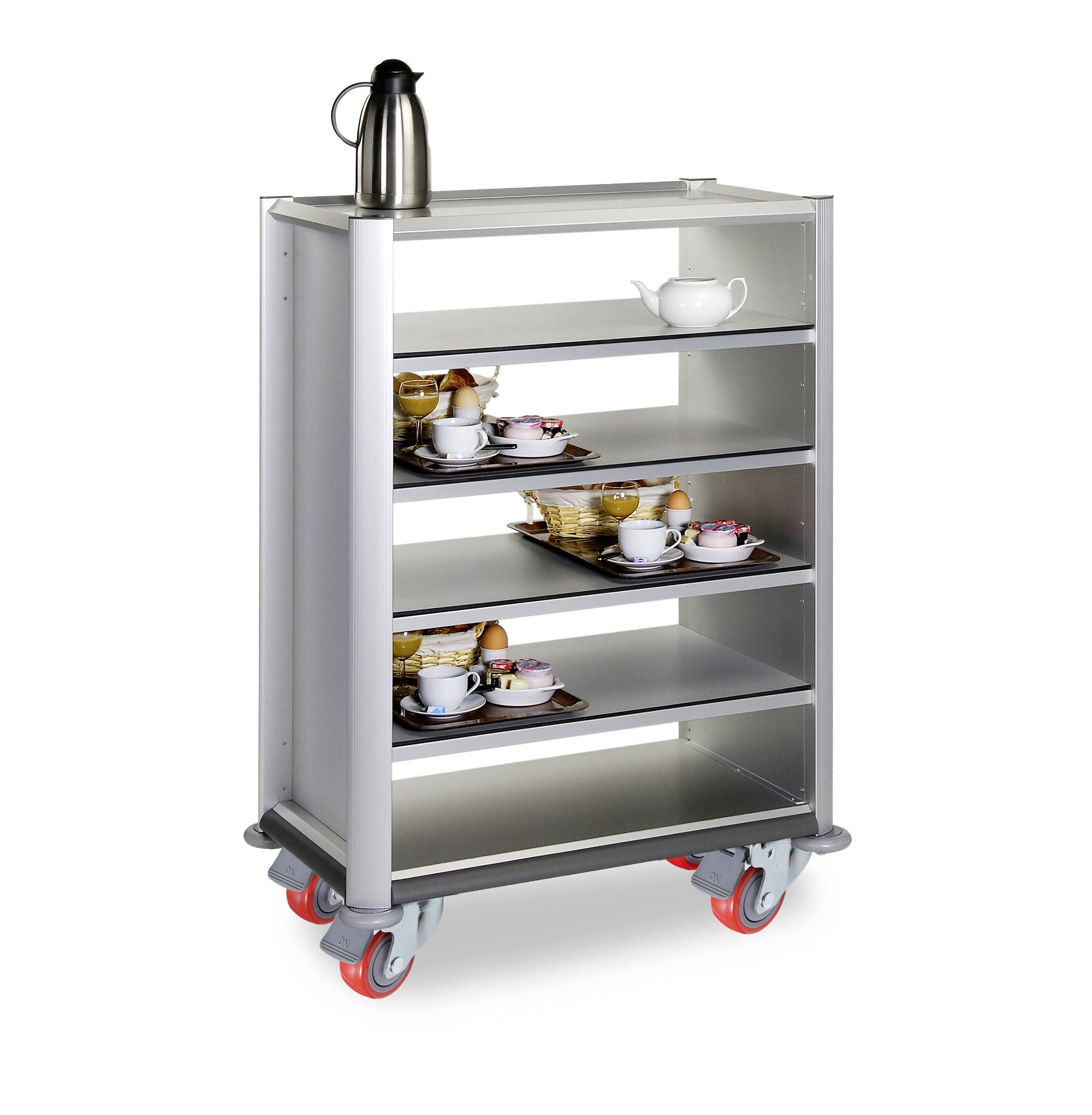 Ein rollbarer Teewagen mit Metallrahmen, bestückt mit Geschirr, Tabletts und einer Kaffeekanne oben. Ideal für Servieren von Getränken.