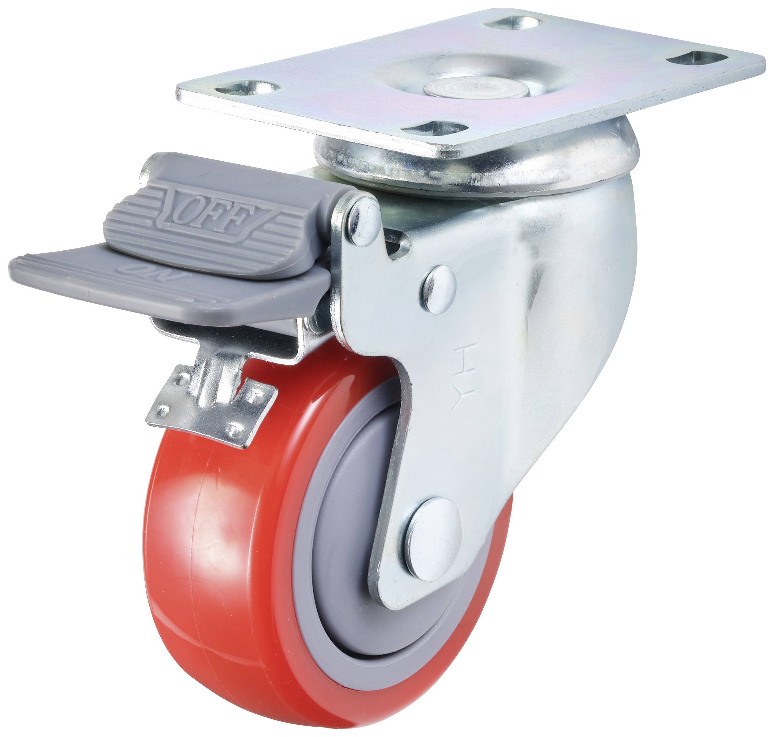 Drehbares Lenkrollenrad mit rotem Reifen und grauem Bremspedal, montiert auf einer Platte zur Befestigung an Möbeln oder Wagen.