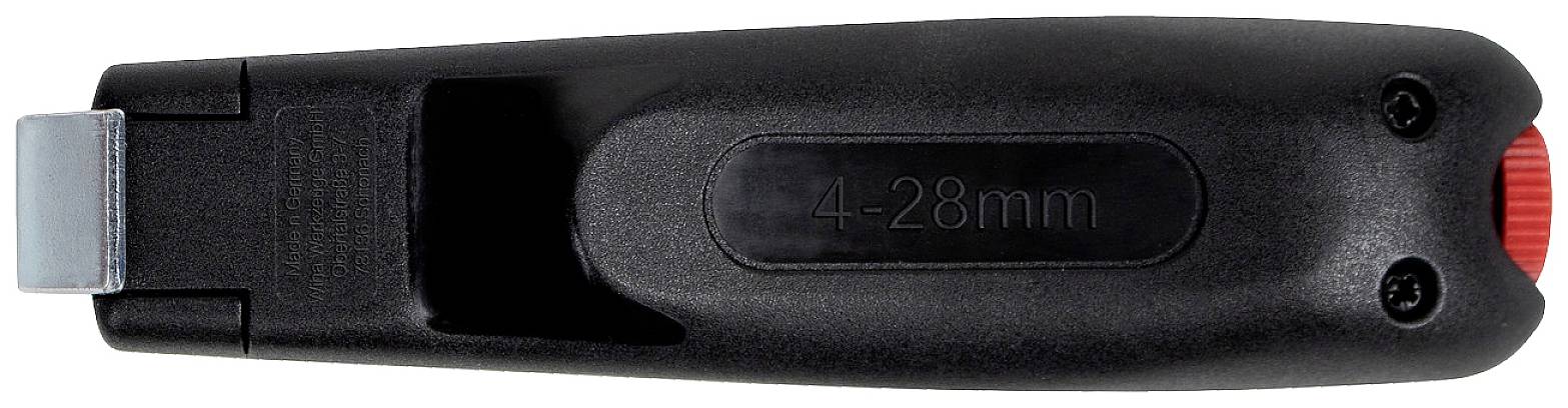 Abisolierzange mit schwarzem Griff, geeignet für Kabeldurchmesser von 4 bis 28 mm.