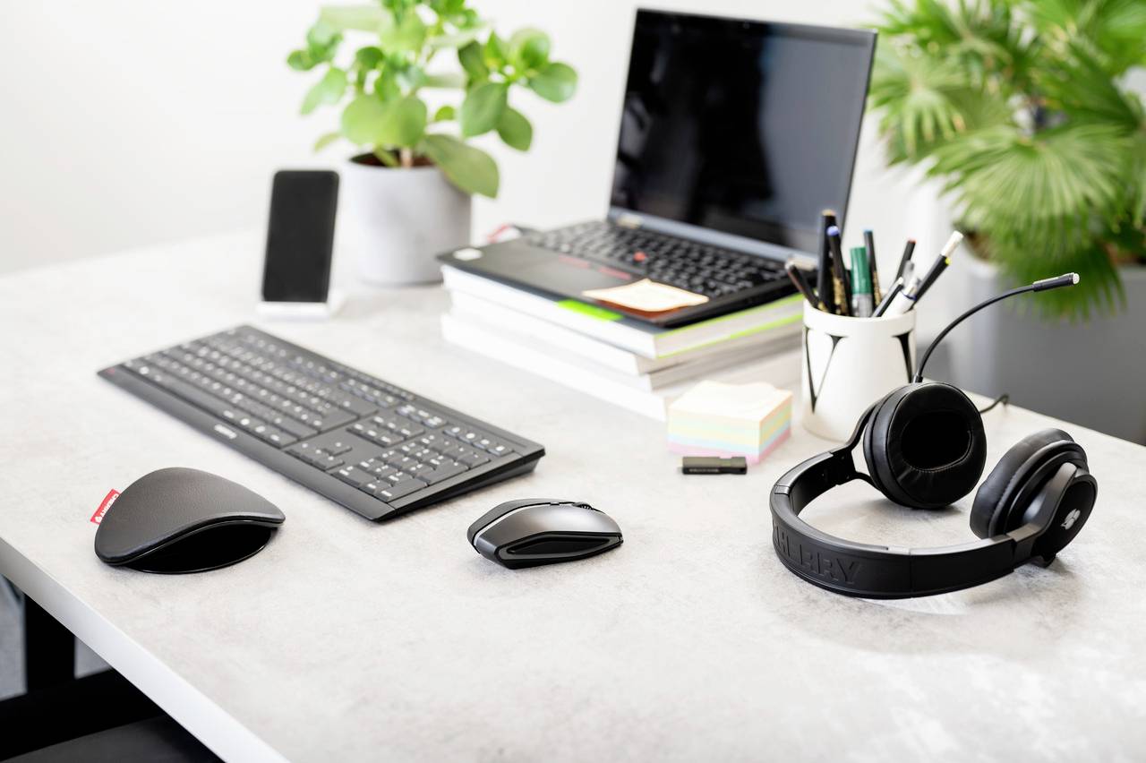 Ein Schreibtisch mit Laptop, Tastatur, Maus, Kopfhörern und Büchern. Pflanzen und Stifte in Bechern sorgen für eine organisierte Arbeitsumgebung.