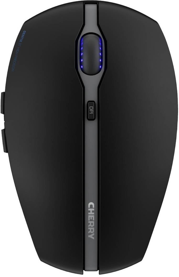 Schwarze Computermaus mit blauen LED-Lichtern und seitlicher Taste. Markenname 'CHERRY' vorne auf der Maus.