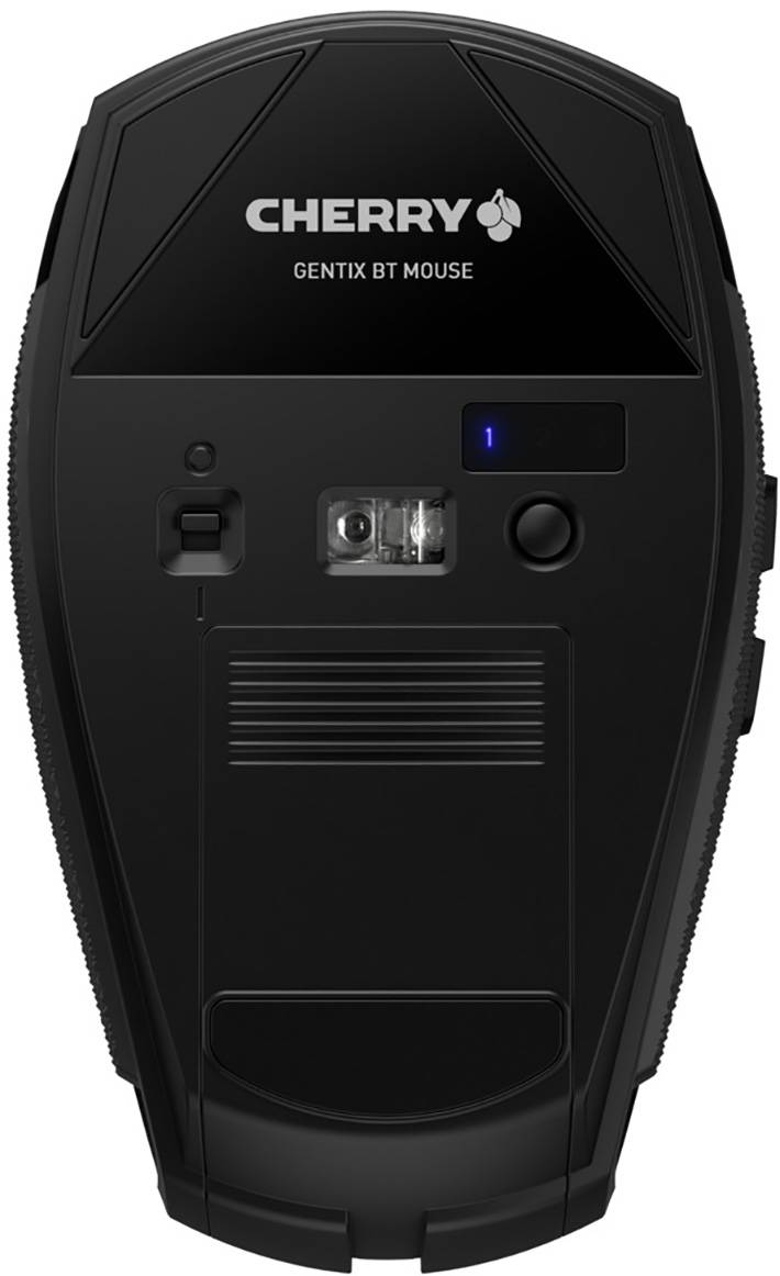 Rückansicht einer schwarzen, ergonomischen Maus mit dem Logo 'CHERRY Gentix BT Mouse'. Batteriefach, Sensor und Schalter sind sichtbar.