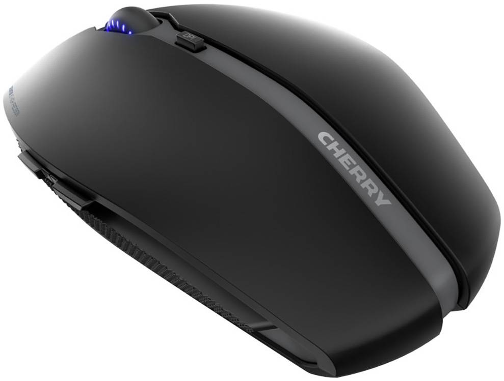 Schwarze kabellose Computermaus mit beleuchtetem Scrollrad und seitlichem Griff, geeignet für ergonomisches Arbeiten am PC.