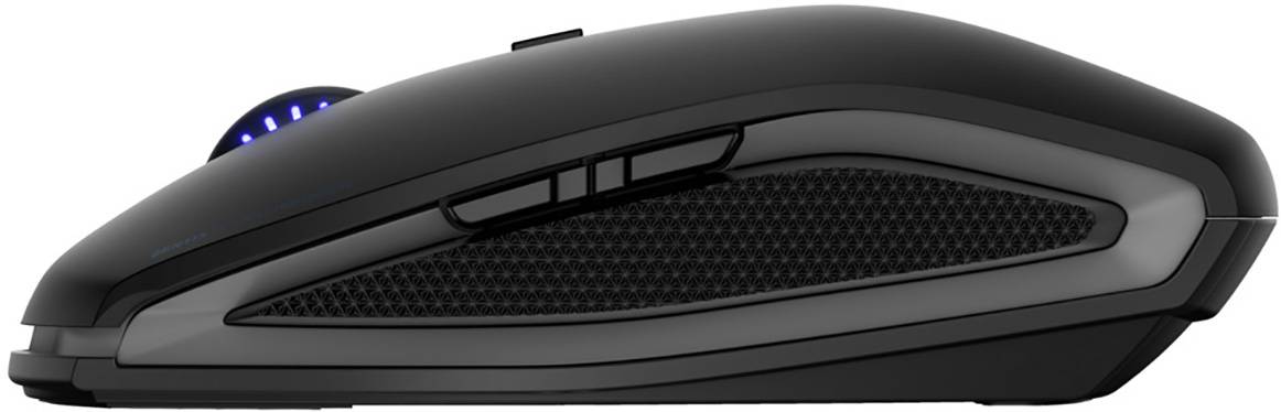 Eine schwarze, ergonomische Computermaus mit seitlichen Tasten und beleuchtetem Scrollrad, seitliche Ansicht.