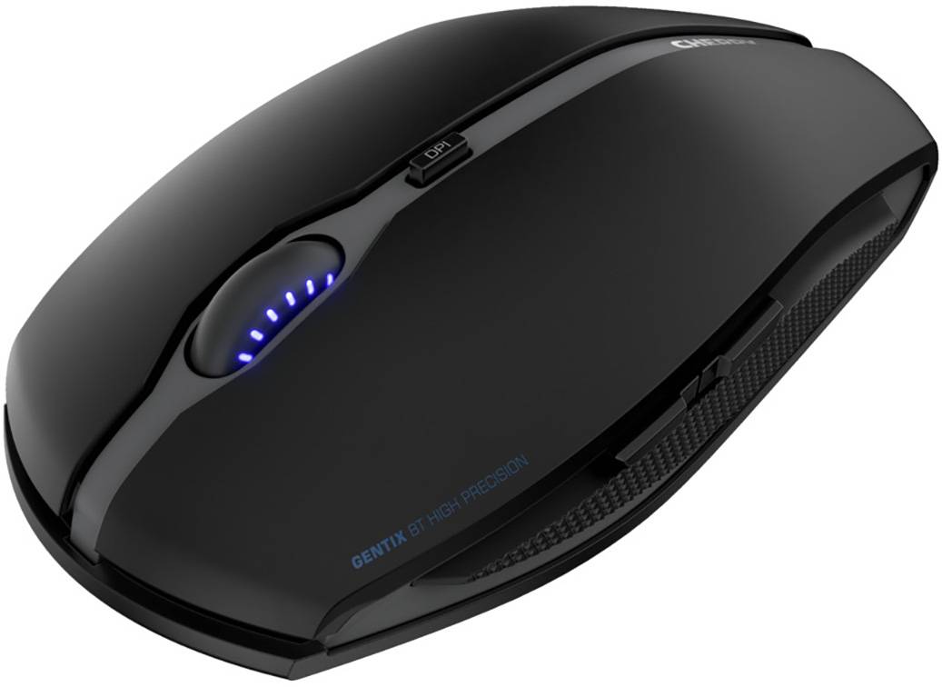 Eine schwarze kabellose Computermaus mit blauer LED-Beleuchtung an der Seite, gut geeignet für präzise und schnelle Navigation.