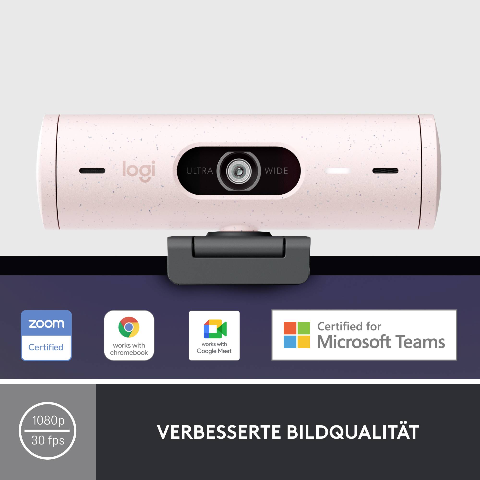 Logitech Brio 500 Full HD-Webcam Klemm-Halterung, Stereo-Mikrofon, Integrierte Abdeckblende