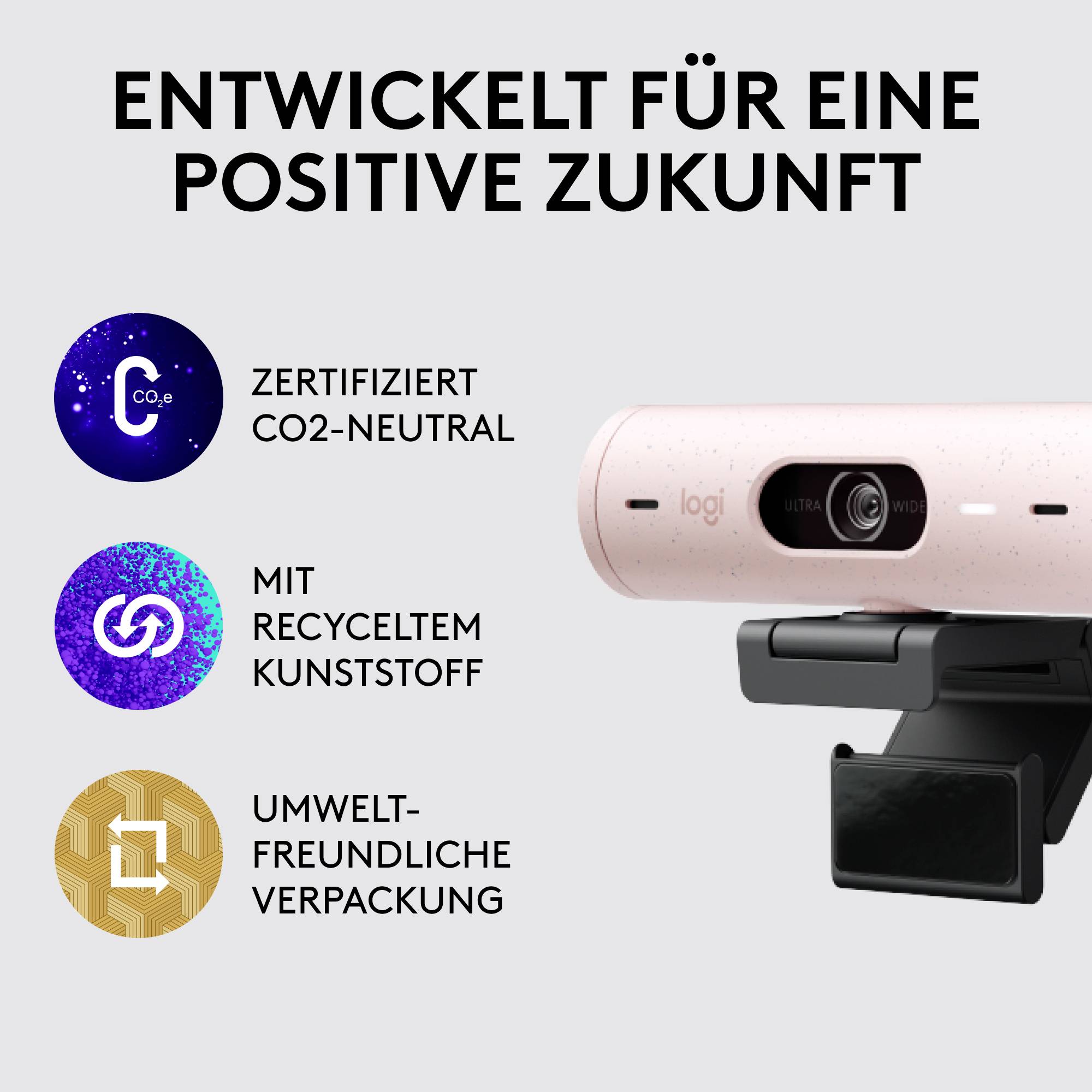 Logitech Brio 500 Full HD-Webcam Klemm-Halterung, Stereo-Mikrofon, Integrierte Abdeckblende