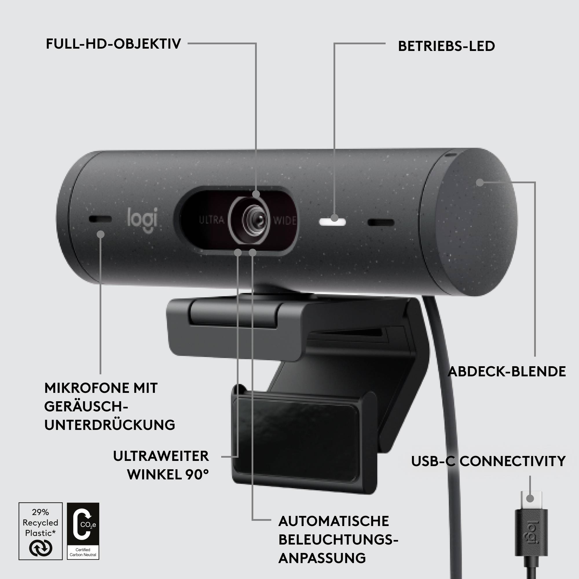 Logitech Brio 500 Full HD-Webcam Klemm-Halterung, Stereo-Mikrofon, Integrierte Abdeckblende