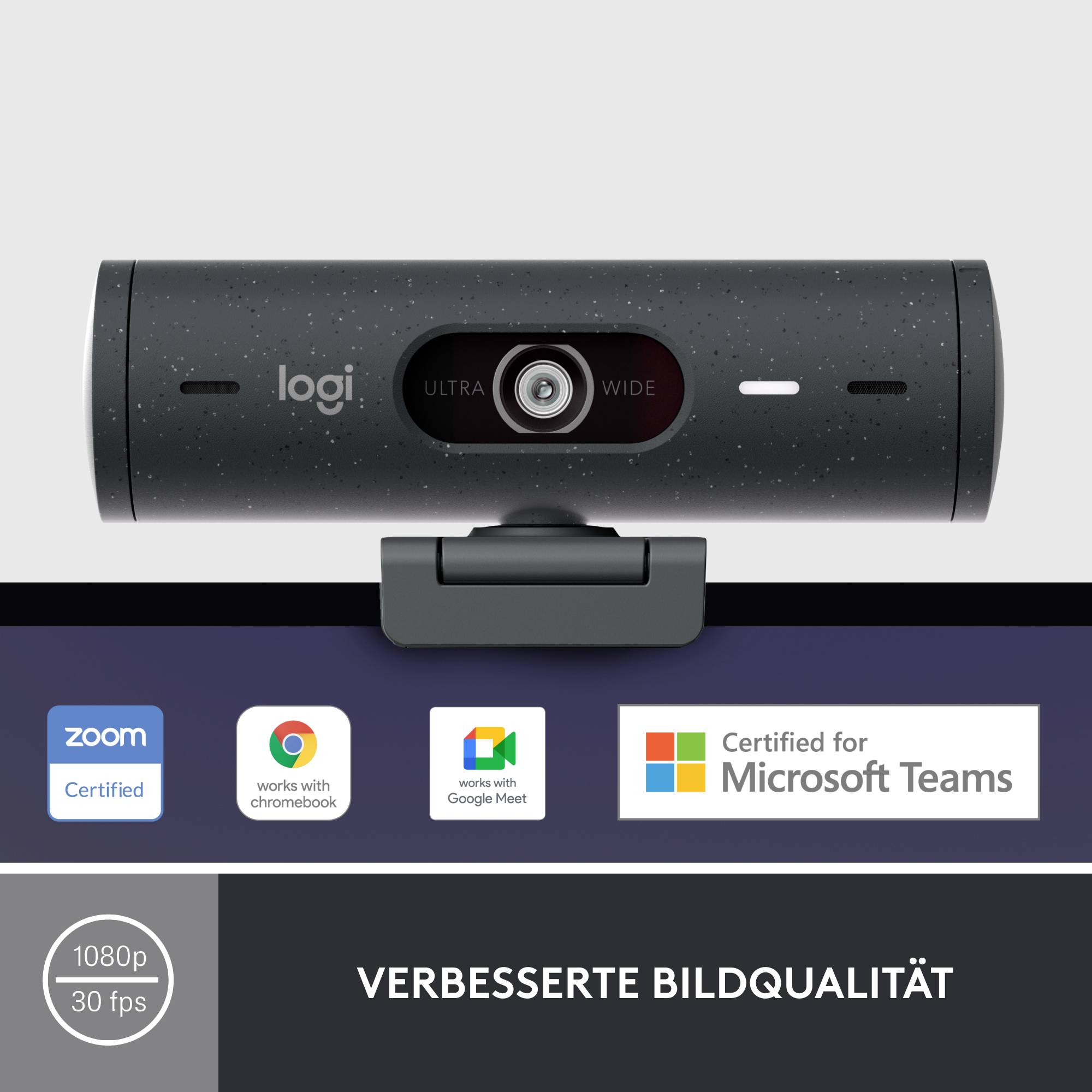 Logitech Brio 500 Full HD-Webcam Klemm-Halterung, Stereo-Mikrofon, Integrierte Abdeckblende