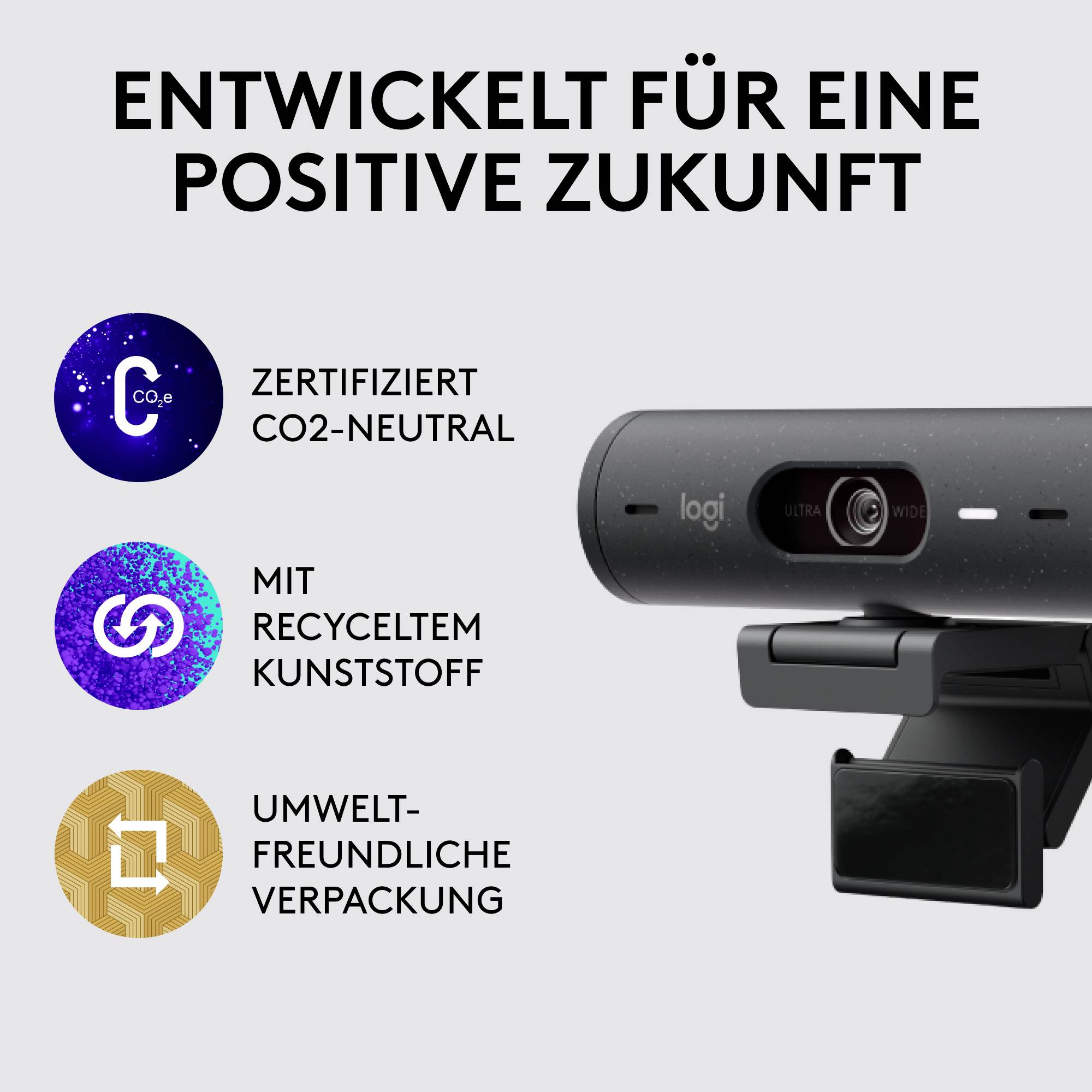 Logitech Brio 500 Full HD-Webcam Klemm-Halterung, Stereo-Mikrofon, Integrierte Abdeckblende