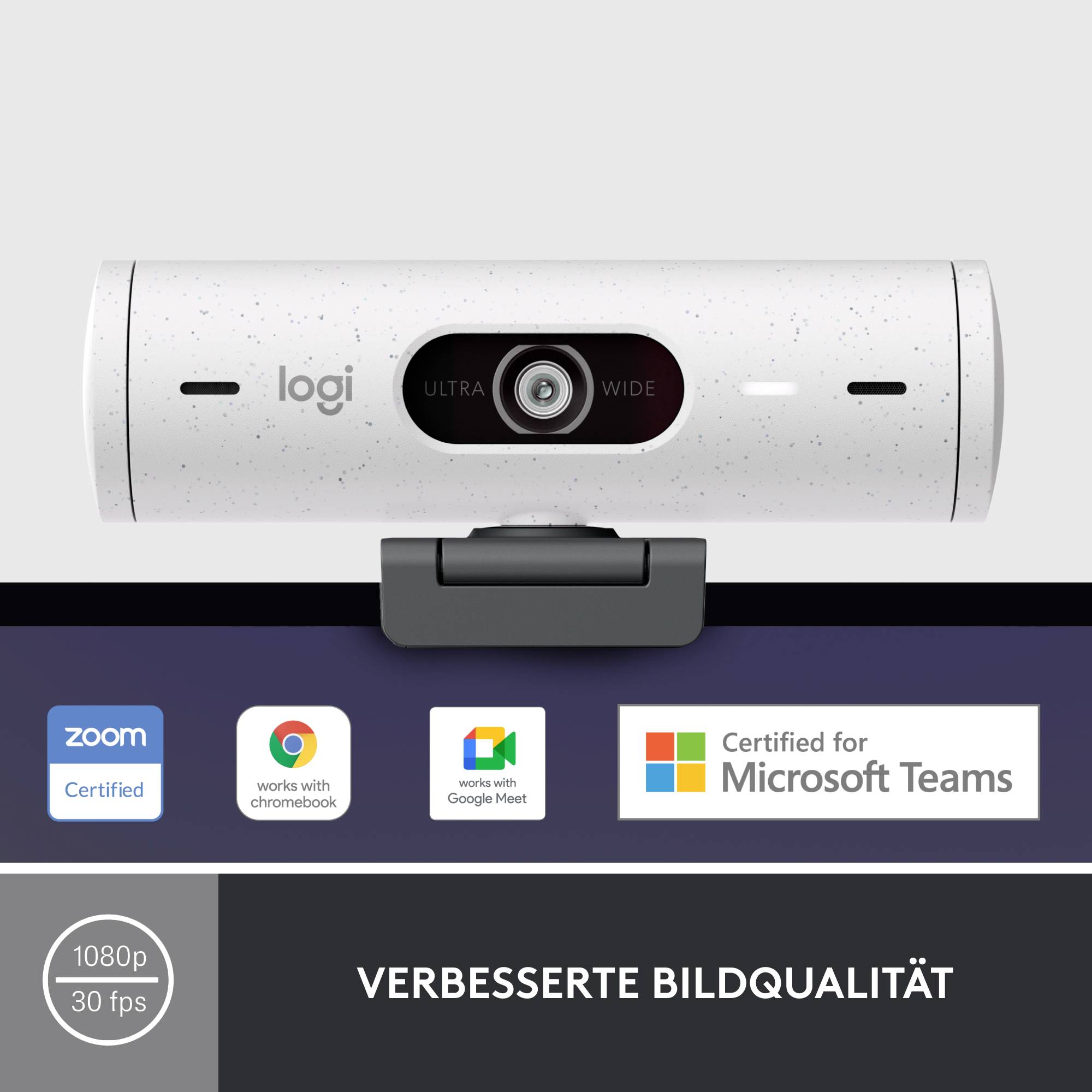 Logitech Brio 500 Full HD-Webcam Klemm-Halterung, Stereo-Mikrofon, Integrierte Abdeckblende