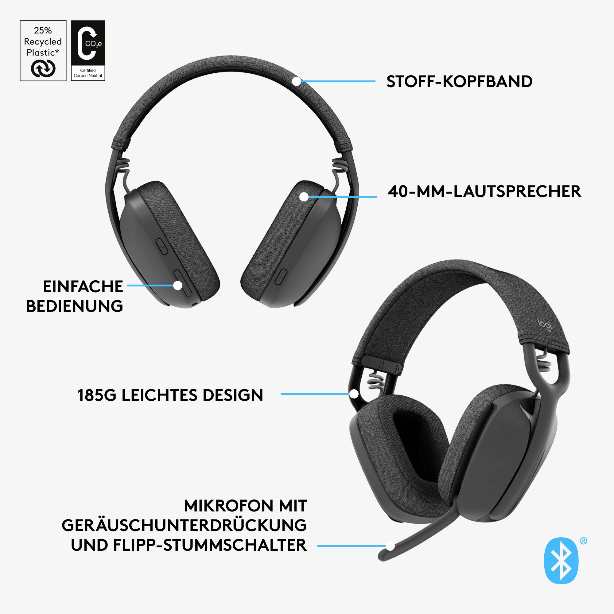 Schwarze Kopfhörer mit Stoff-Kopfband, 40-mm-Lautsprecher, einfacher Bedienung, Mikrofon mit Geräuschunterdrückung und Flipp-Stummschalter.