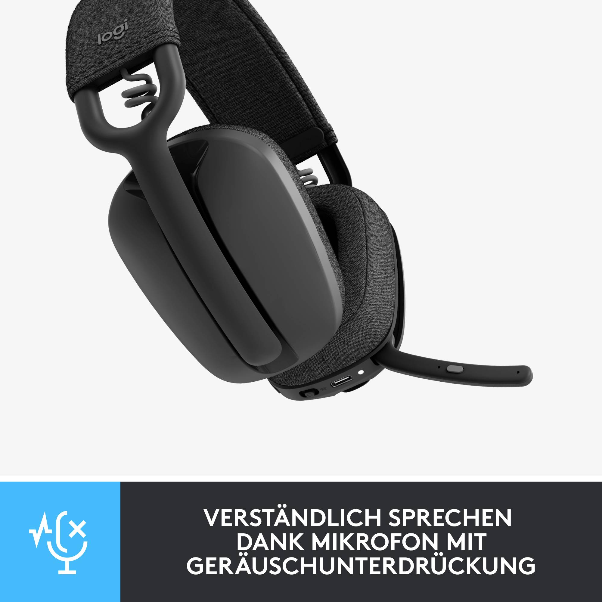 Schwarze Kopfhörer mit Mikrofon; Text unten: 'Verständlich sprechen dank Mikrofonunterdrückung'.