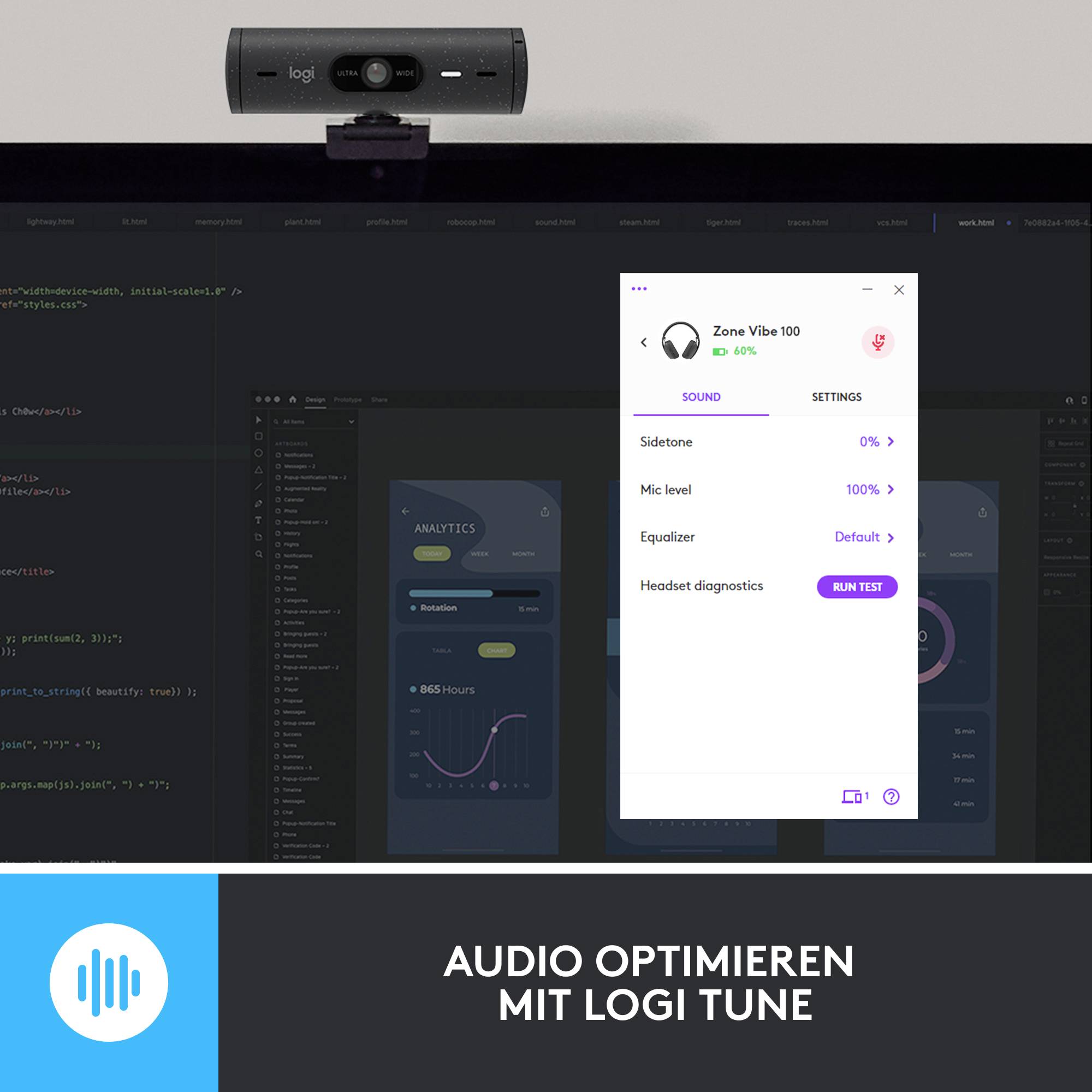 Webcam über einem Bildschirm mit Logi Tune Software im Vordergrund, zeigt Einstellungen für Klangoptimierung und Mikrofoneinstellung.