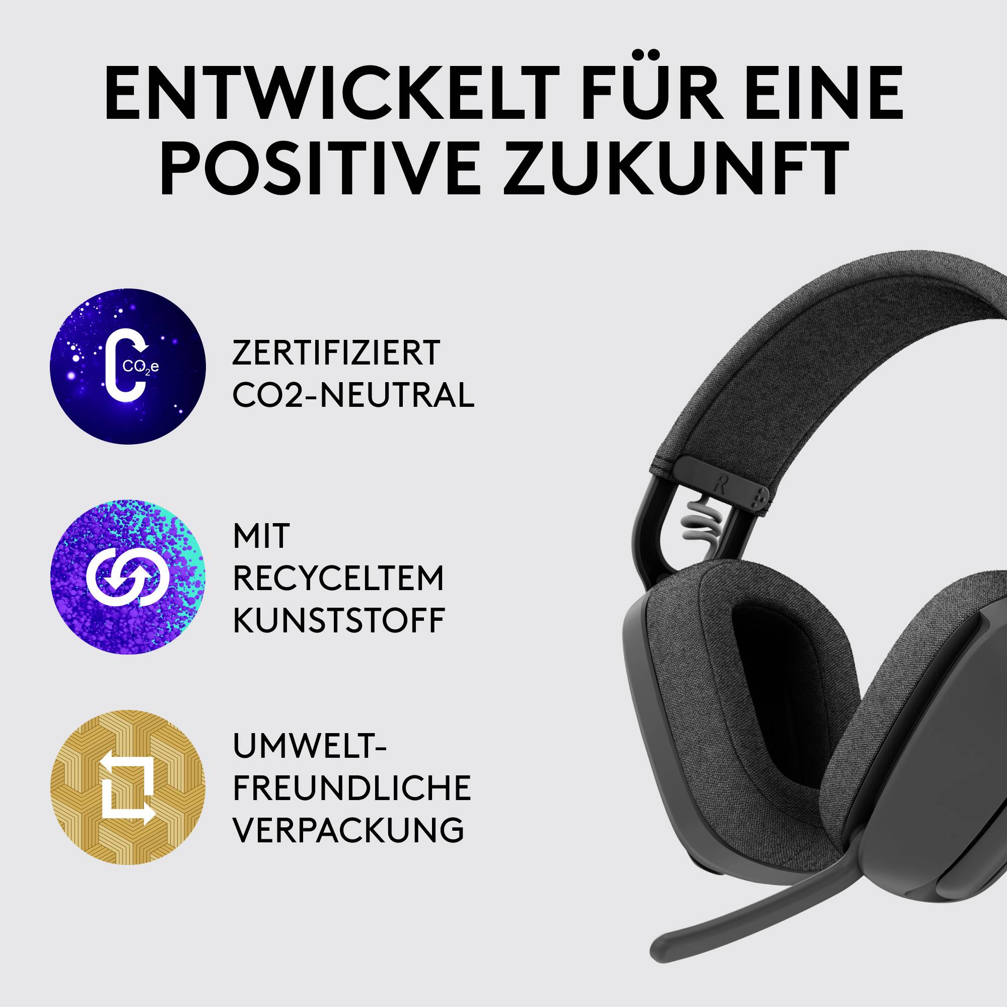 'Entwickelt für eine positive Zukunft.' Zertifiziert CO2-neutral, recyceltem Kunststoff, umweltfreundliche Verpackung. Schwarze Kopfhörer rechts.