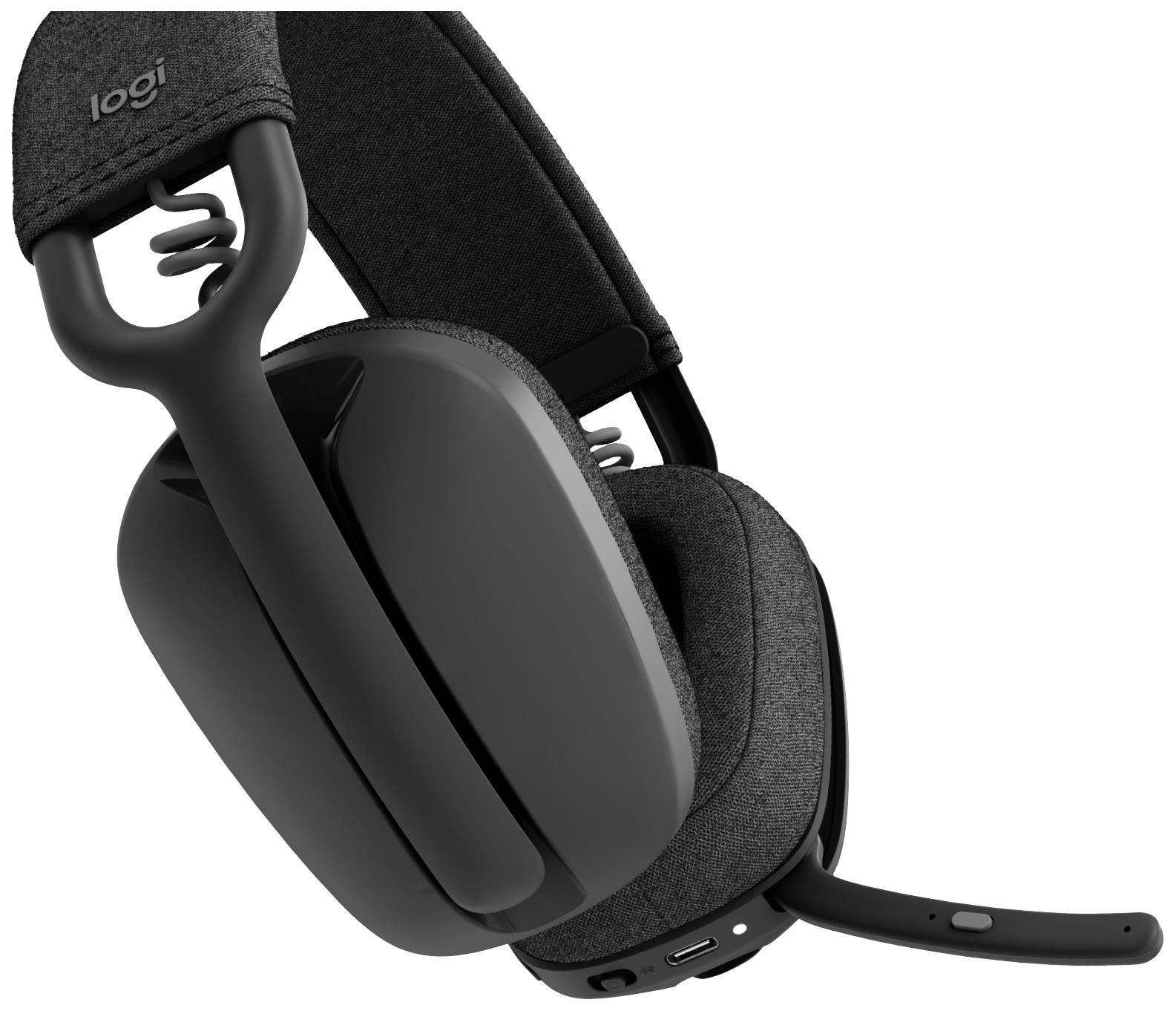 Schwarzer, kabelloser Over-Ear-Kopfhörer mit Mikrofon, Stoffpolstern und verstellbarem Bügel, geeignet für PC oder Gaming.