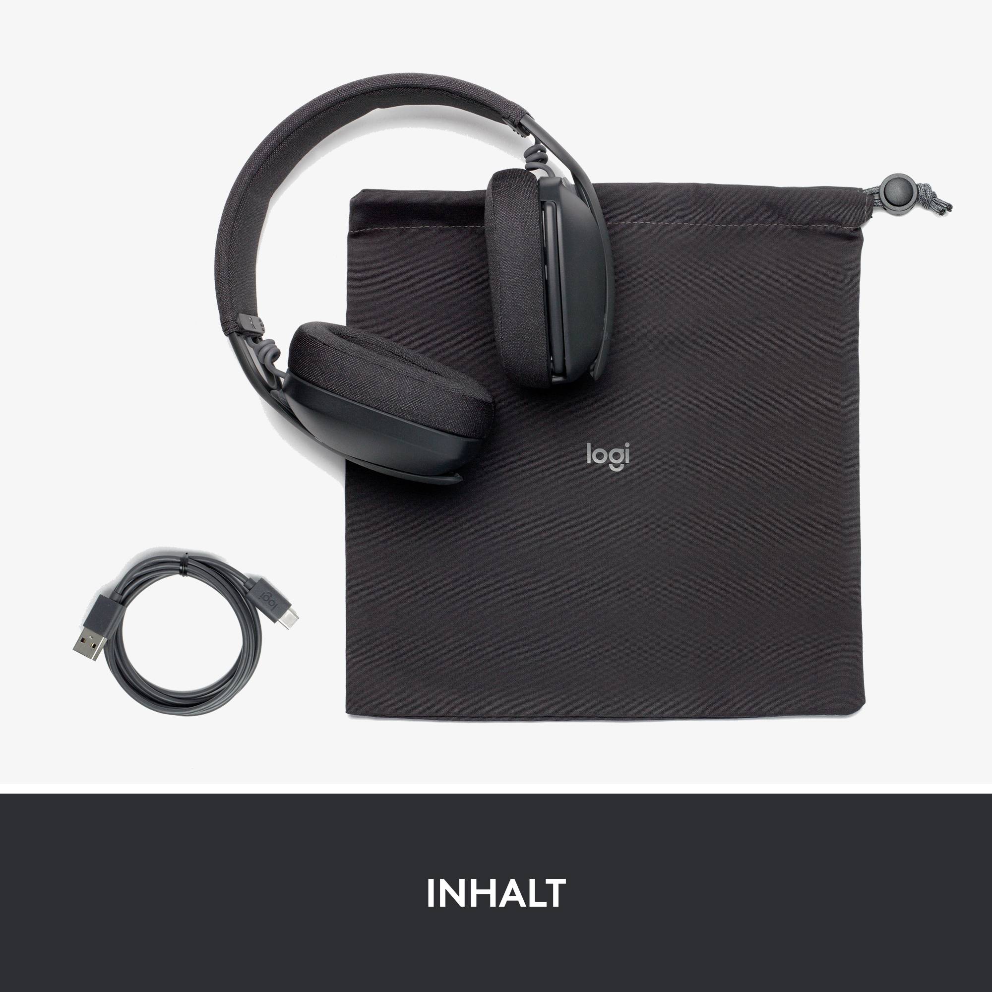 Drahtloses Headset mit zugehöriger Tragetasche und USB-Ladekabel. Markennamen 
