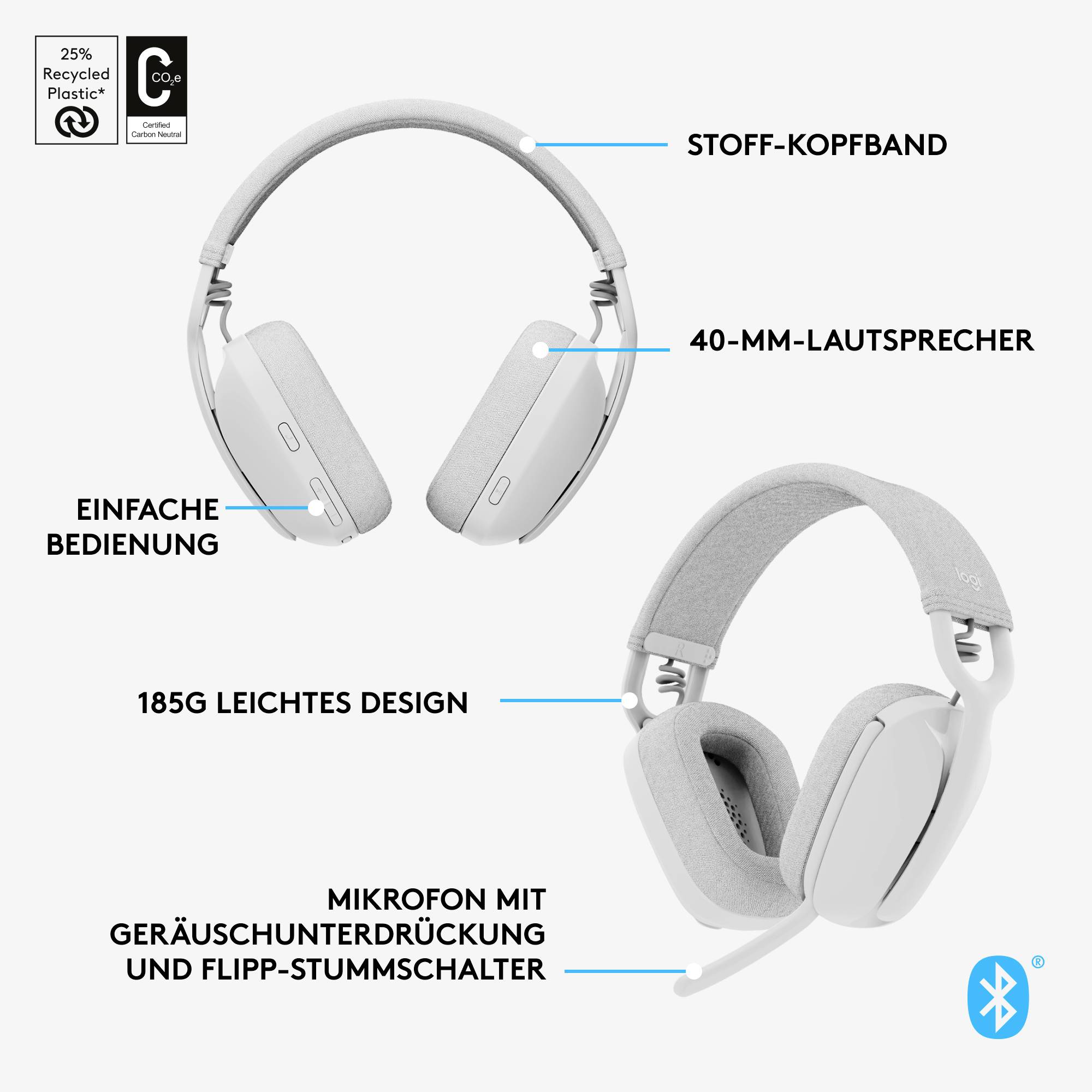 Kopfhörer mit Stoff-Kopfbügel, 40-mm-Lautsprecher, einfache Bedienung und Mikrofon mit Geräuschunterdrückung und Stummschalter. Bluetooth-fähig, leichtes Design.