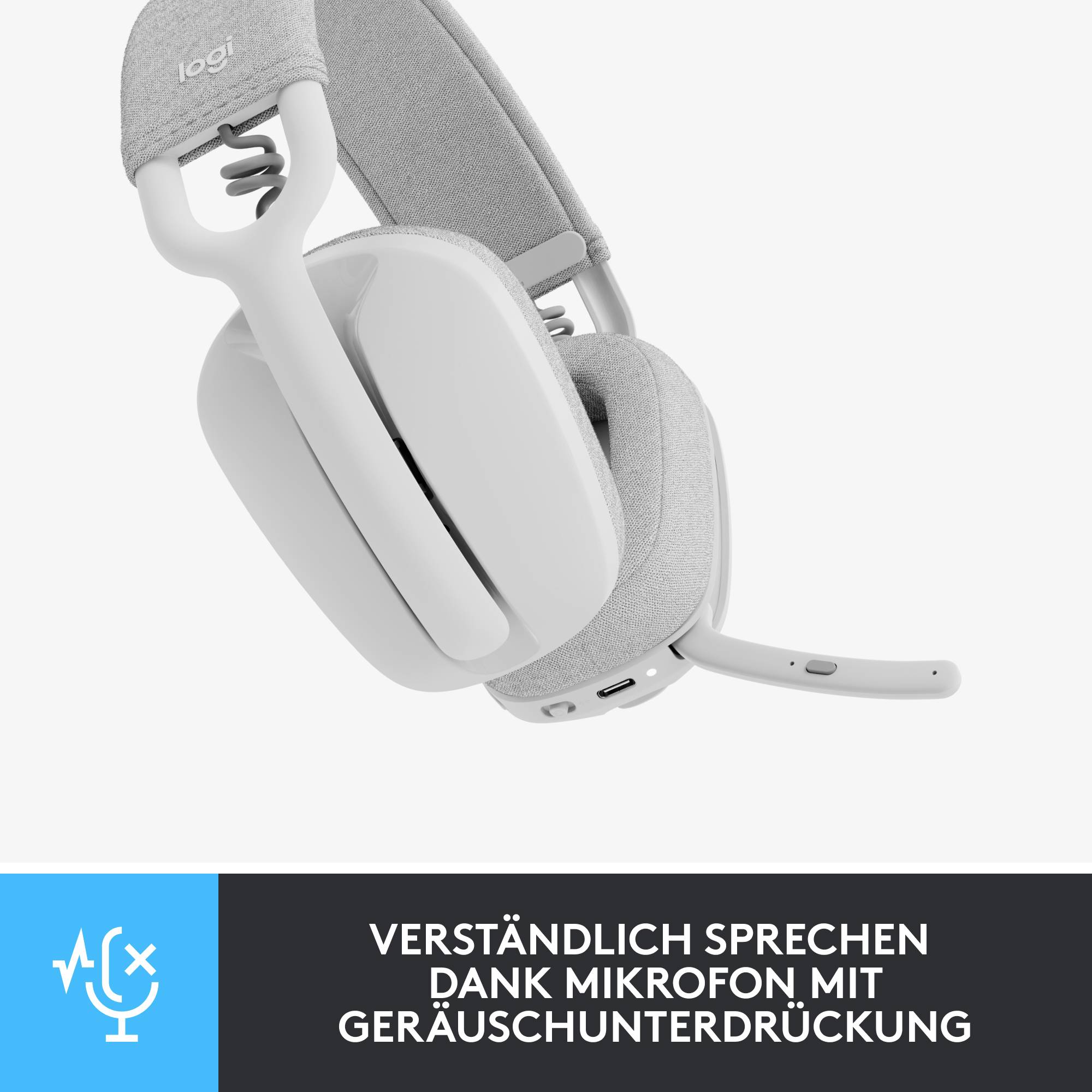 Helles Headset, seitliche Ansicht. Blaues Banner unten mit Symbol und Text: 'Verständlich sprechen dank Mikrofon mit Geräuschunterdrückung'.