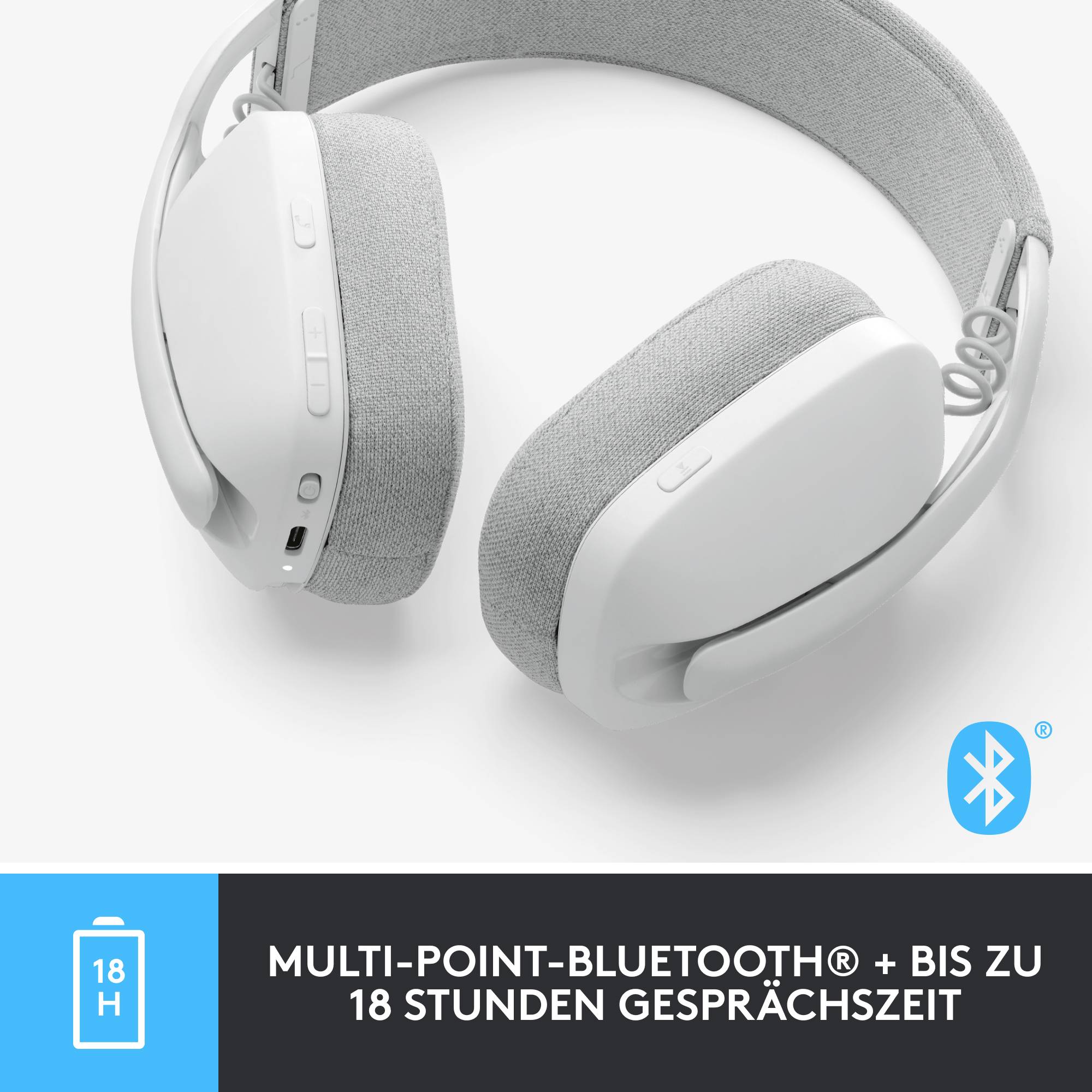 Weiße Kopfhörer mit grauen Stoffpolstern, Multi-Point-Bluetooth®-fähig, bietet bis zu 18 Stunden Gesprächszeit.