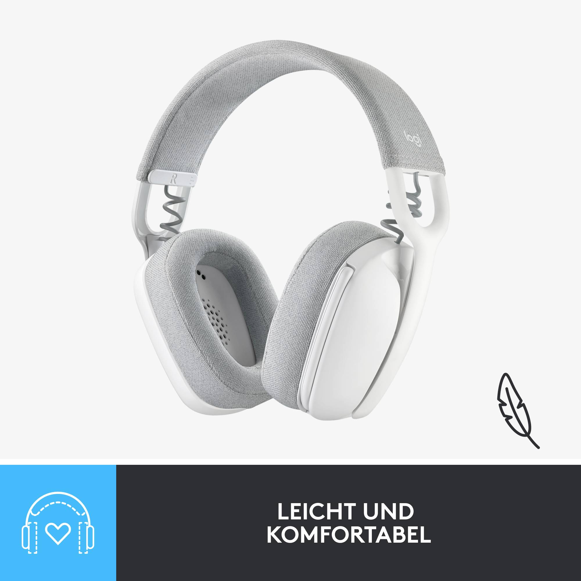 Kopfhörer in Weiß und Grau mit Text 'Leicht und Komfortabel'. Symbol einer Feder weist auf Leichtigkeit hin.