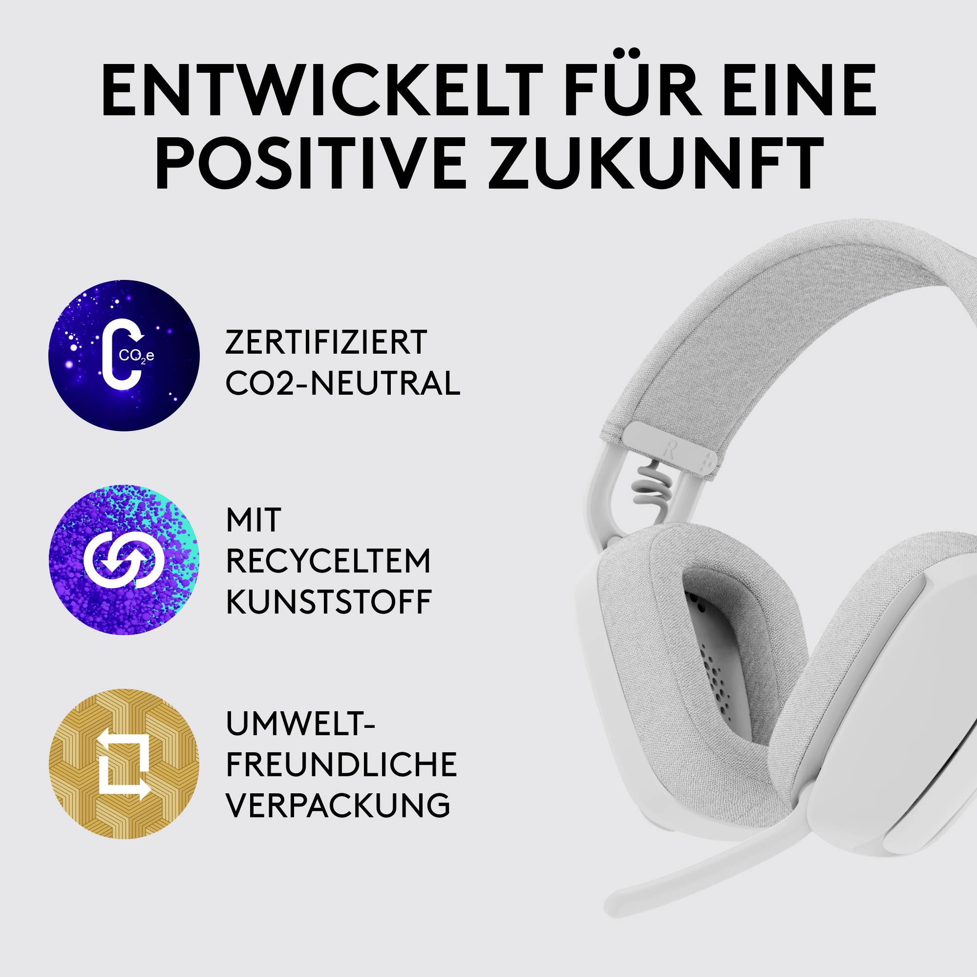 Ein modernes Headset mit Text 'Entwickelt für eine positive Zukunft'. Symbole zeigen Zertifikate für CO2-Neutralität und Recycling.