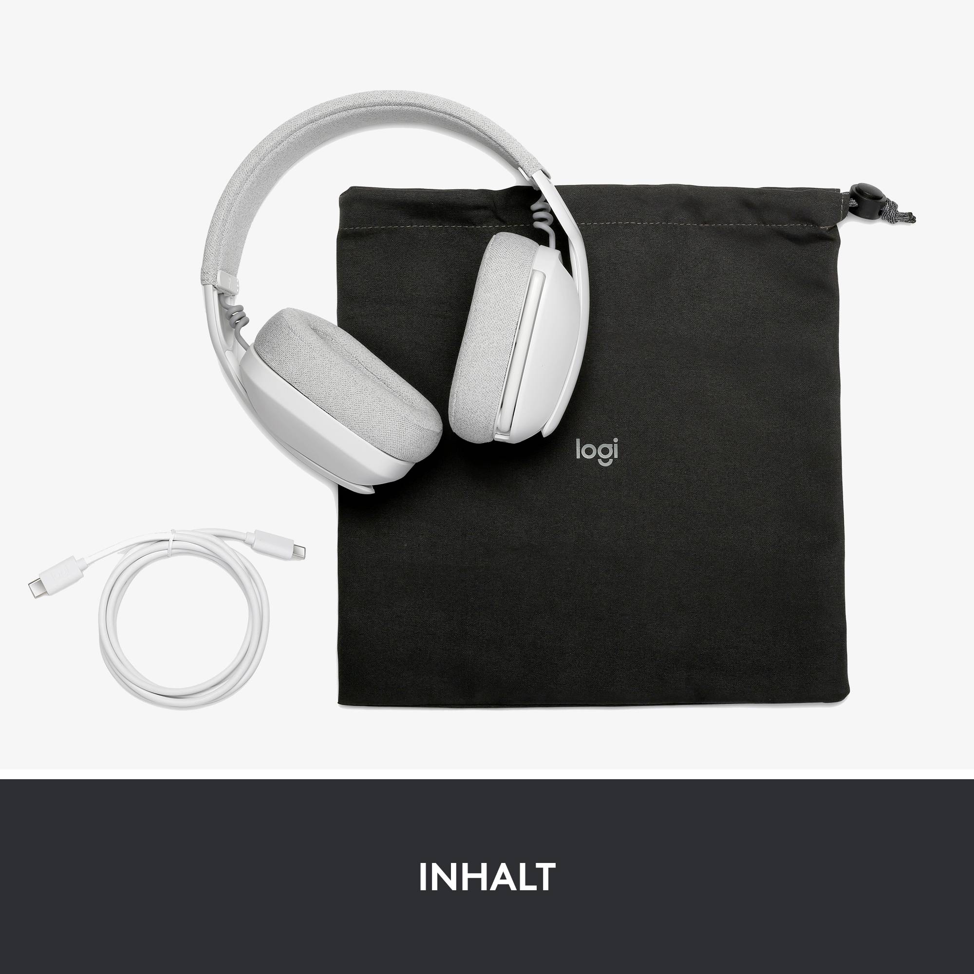 'Inhalt' zeigt weiße drahtlose Kopfhörer, ein Ladekabel und eine schwarze Tasche auf weißem Hintergrund mit dem Text 'LOGI'.
