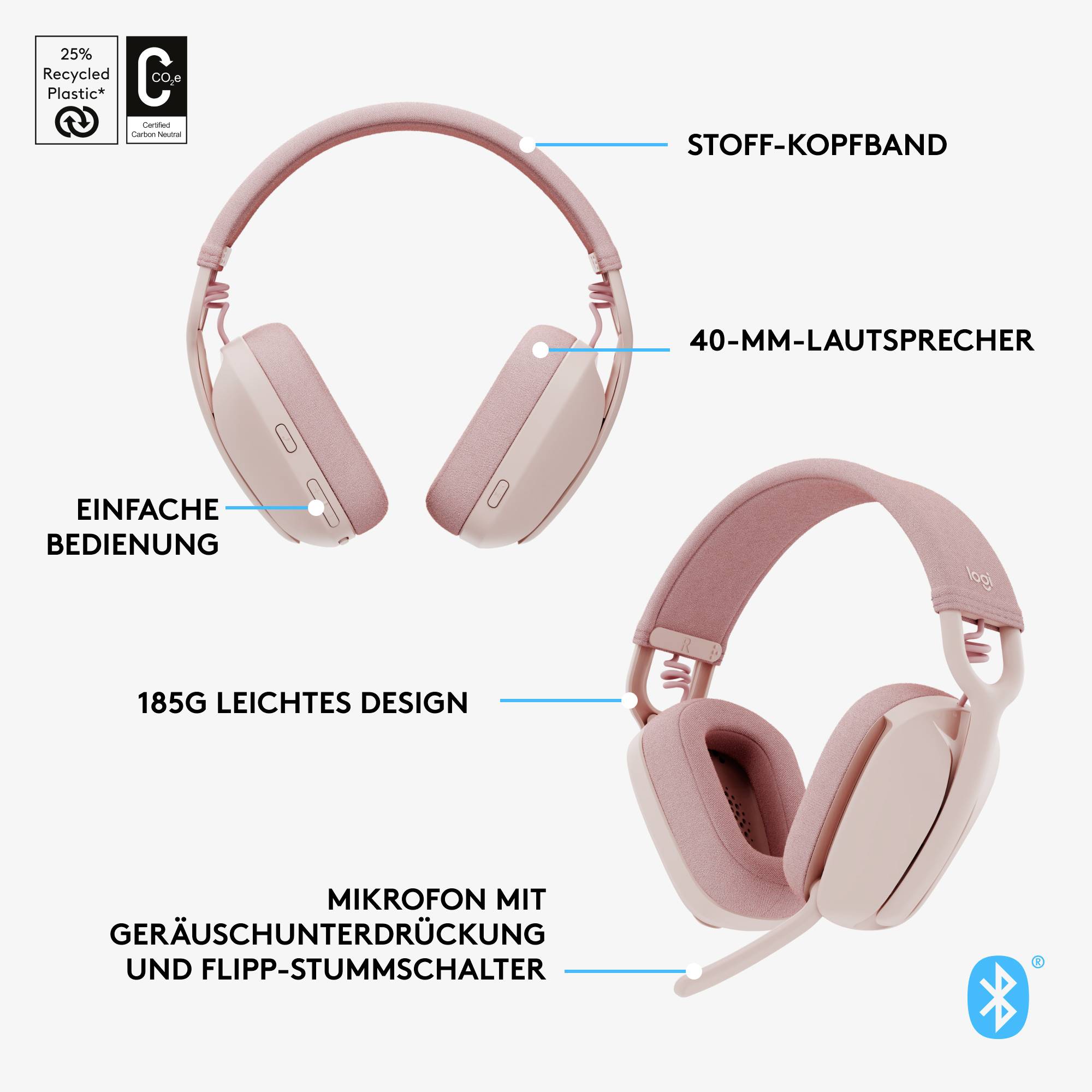 Zwei rosa Kopfhörer mit Stoff-Kopfbügel, 40-mm-Lautsprechern, einfacher Bedienung, Mikrofon mit Geräuschunterdrückung, Flip-Stummschalter.