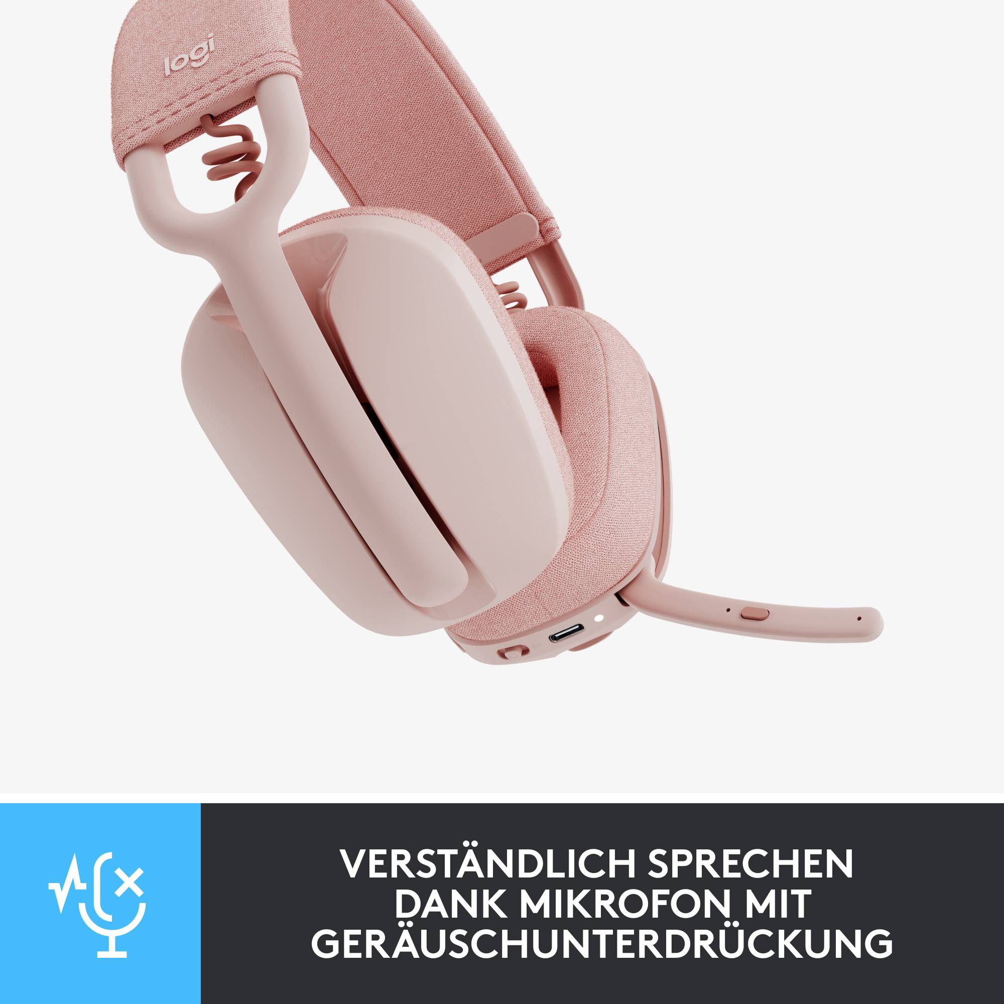 Rosa Kopfhörer mit Mikrofon, das Geräuschunterdrückung bietet. Text im Bild: 'Verständlich sprechen dank Mikrofon mit Geräuschunterdrückung'.