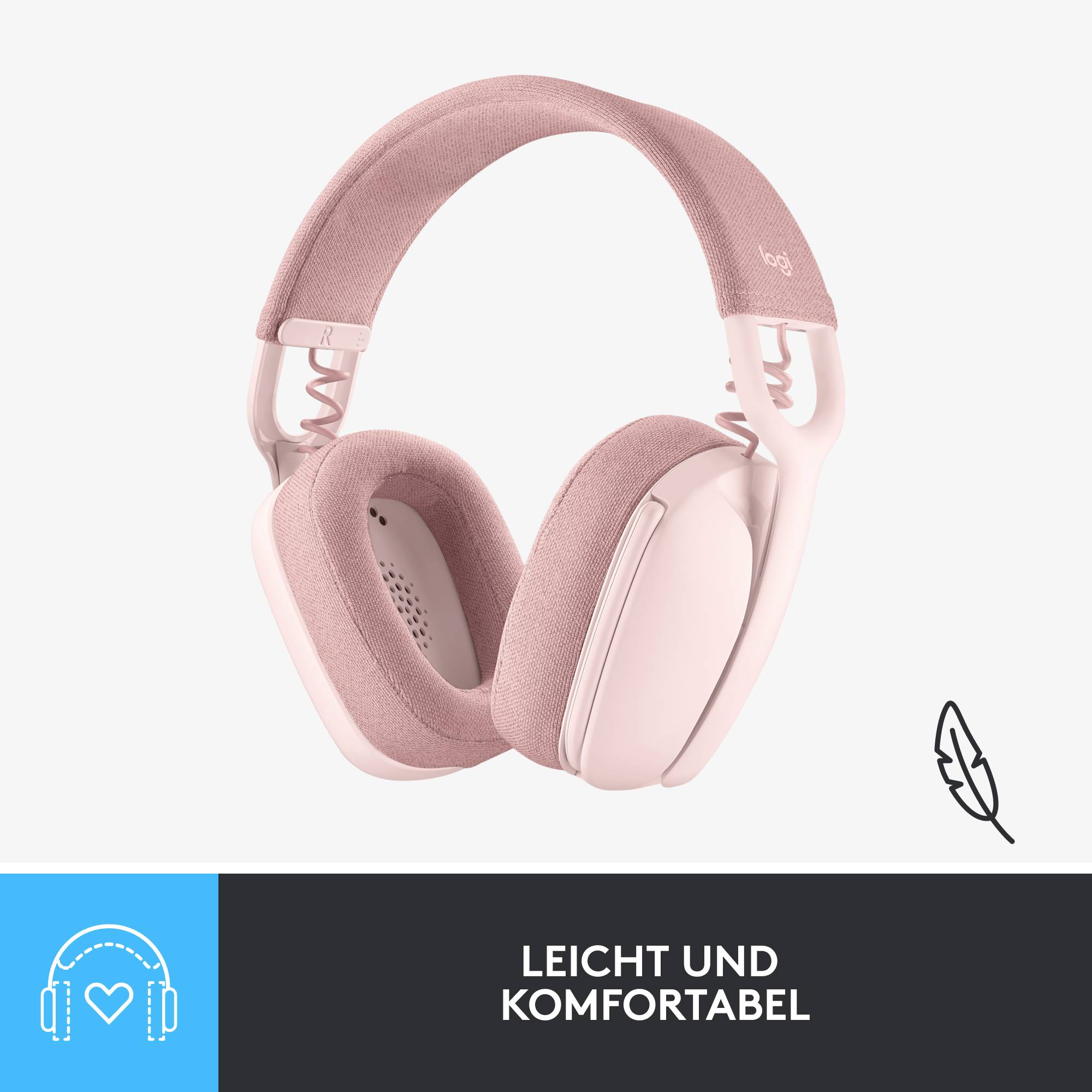Leichtes und komfortables rosafarbenes Headset auf weißem Hintergrund, mit dem Text 'Leicht und komfortabel'.